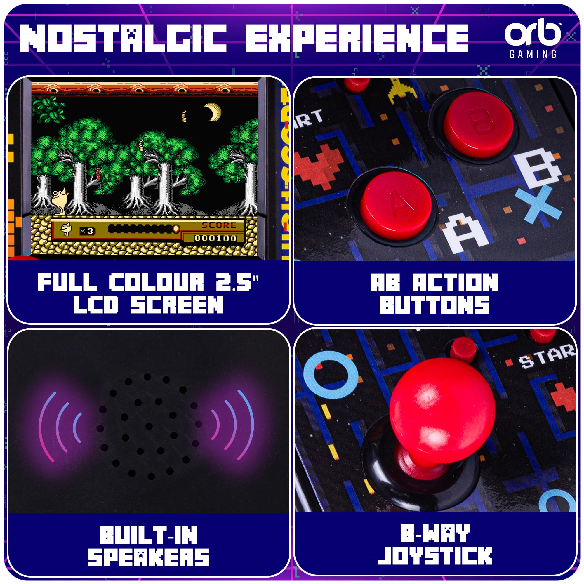 Mini Arcade Machine, 240 Built-in 8-Bit Games, 2.5” Full Colour Screen, 8-Way Joystick, Handheld Retro Games Console – Orb Gaming by ThumbsUp!