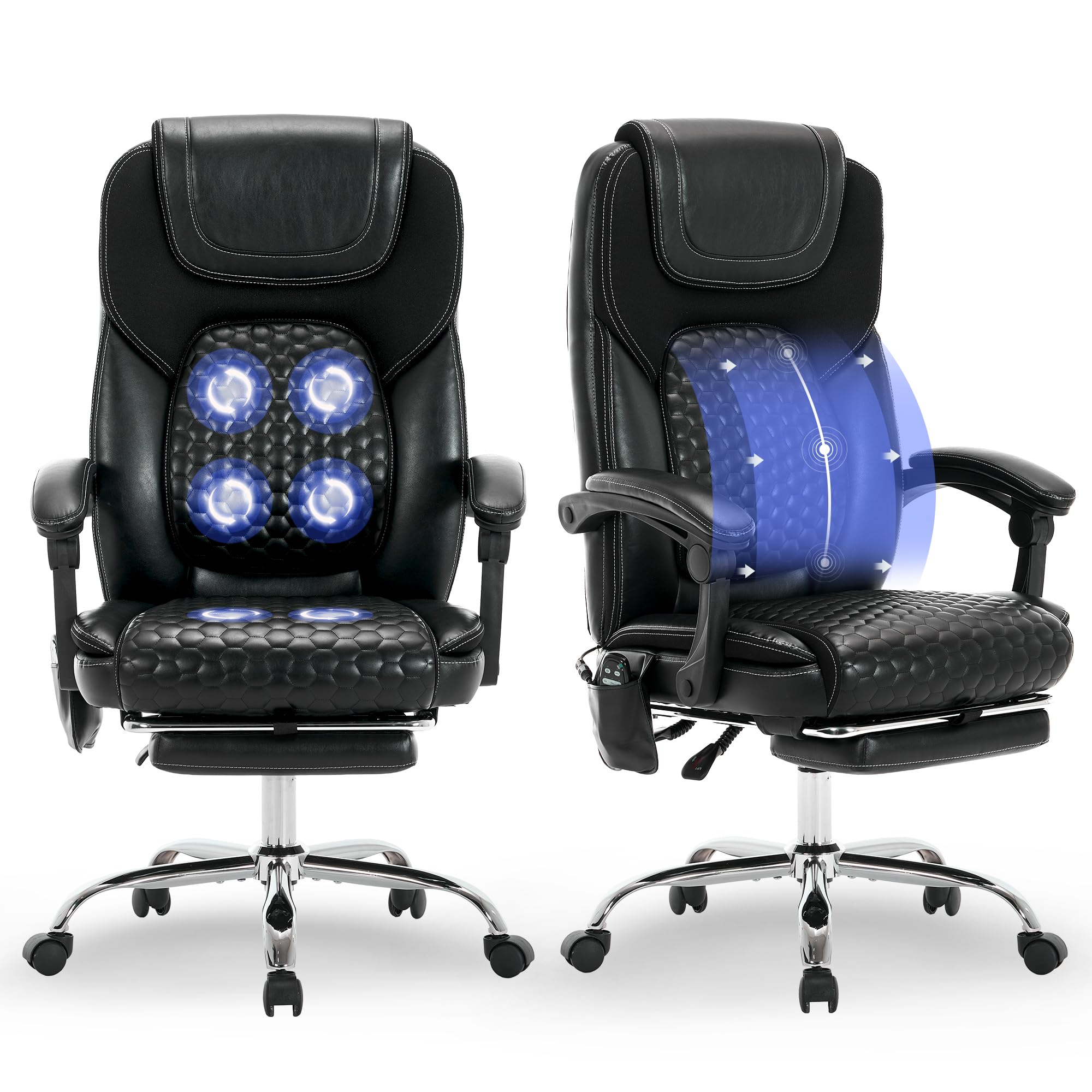 MALOL Massage Office Chair with Heat and Footrest - 3-Level 65°C Targeted Heating, 20-Min Easy Assembly Leather Desk Chair, Big and Tall Executive Computer Chair with Side Pocket, 300 lbs, Beige