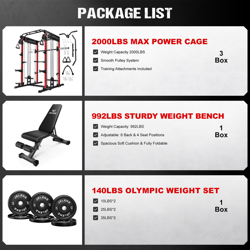 JELENS M21 Smith Machine, Multi-Function Power Cage with Dual Pulley Cable Crossover System, 2000LBS All-in-One Squat Rack with Smith Bar and Attachments for Home Gym