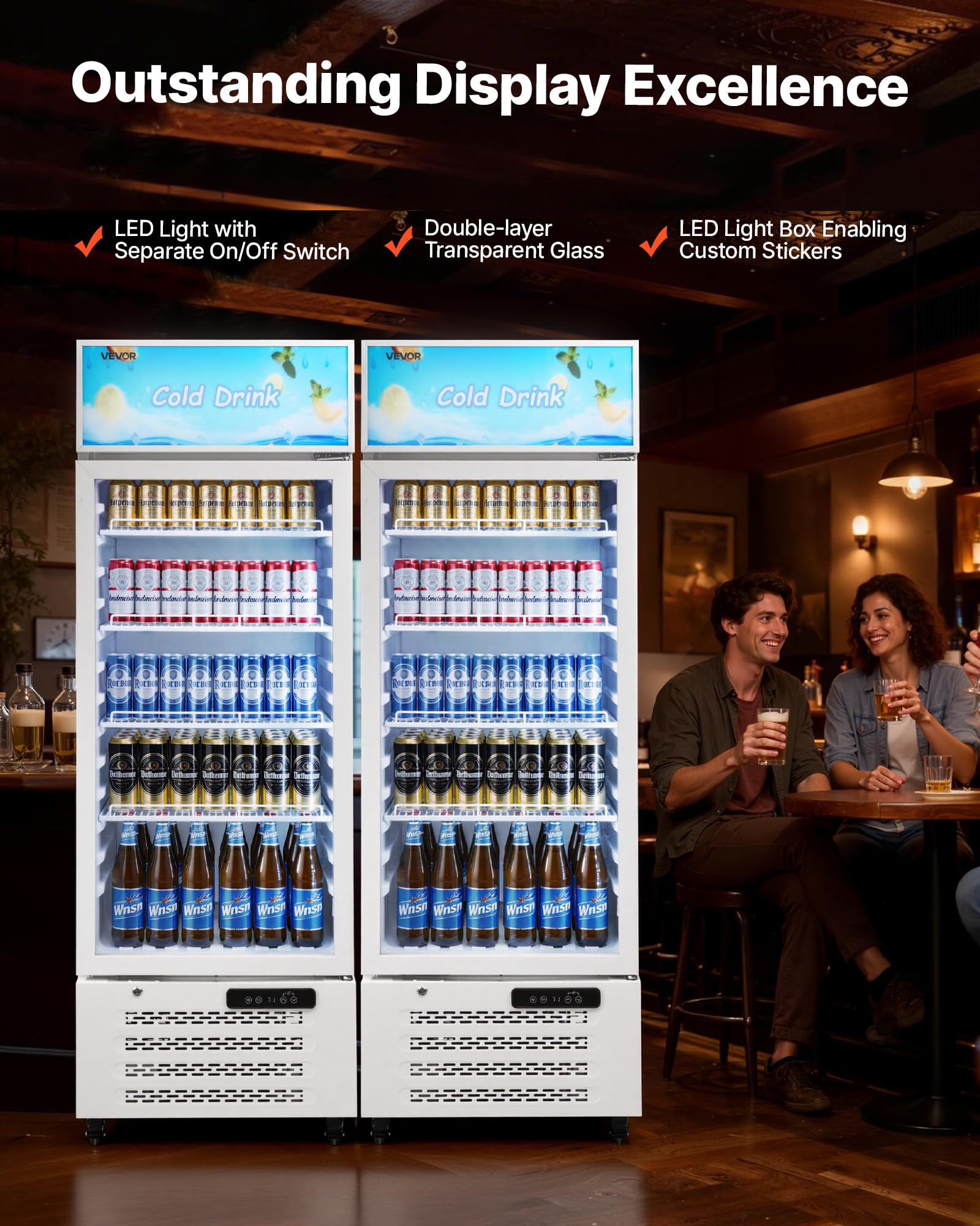 VEVOR Commercial Merchandiser Refrigerator, 6.9 Cu.Ft / 195L Glass Door Display Refrigerator, Upright Beverage Cooler Fridge with 4 Adjustable Shelves, Soft LED Light & Casters for Homes Shops Bars