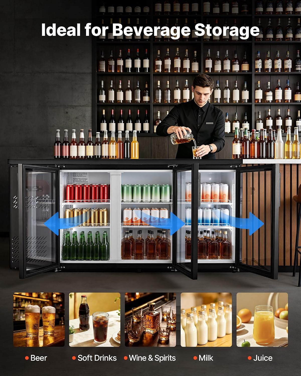 VEVOR Back Bar Cooler, 19.6 Cu. Ft Counter Height Beverage Refrigerator, Commercial Bar Display Fridge w/ 3 Glass Doors, LED Lighting, Fan Cooling Beer Wine Cooler for Pub, Merchandiser, Store