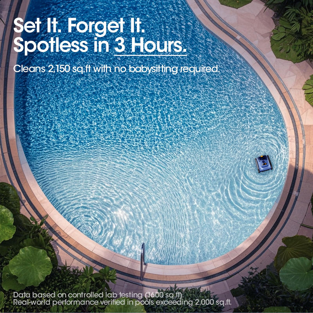 Cordless Robotic Pool Vacuum, Pool Cleaner with Track Drive & Sonar Navigation, 180W Brushless Motor, Wall & Waterline Climbing, 150-Min Runtime, for Inground & Above-Ground Pools up to 2150 Sq. Ft.
