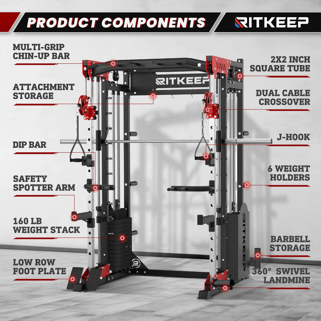 RitKeep PMAX-5600 Pro Heavy-Duty Smith Machine Squat Rack with 320 LB Weight Stacks, 6-in-1 Multi-Function Home Gym System, Dual Cable Crossover and 2000 LB Capacity for Full-Body Strength Training