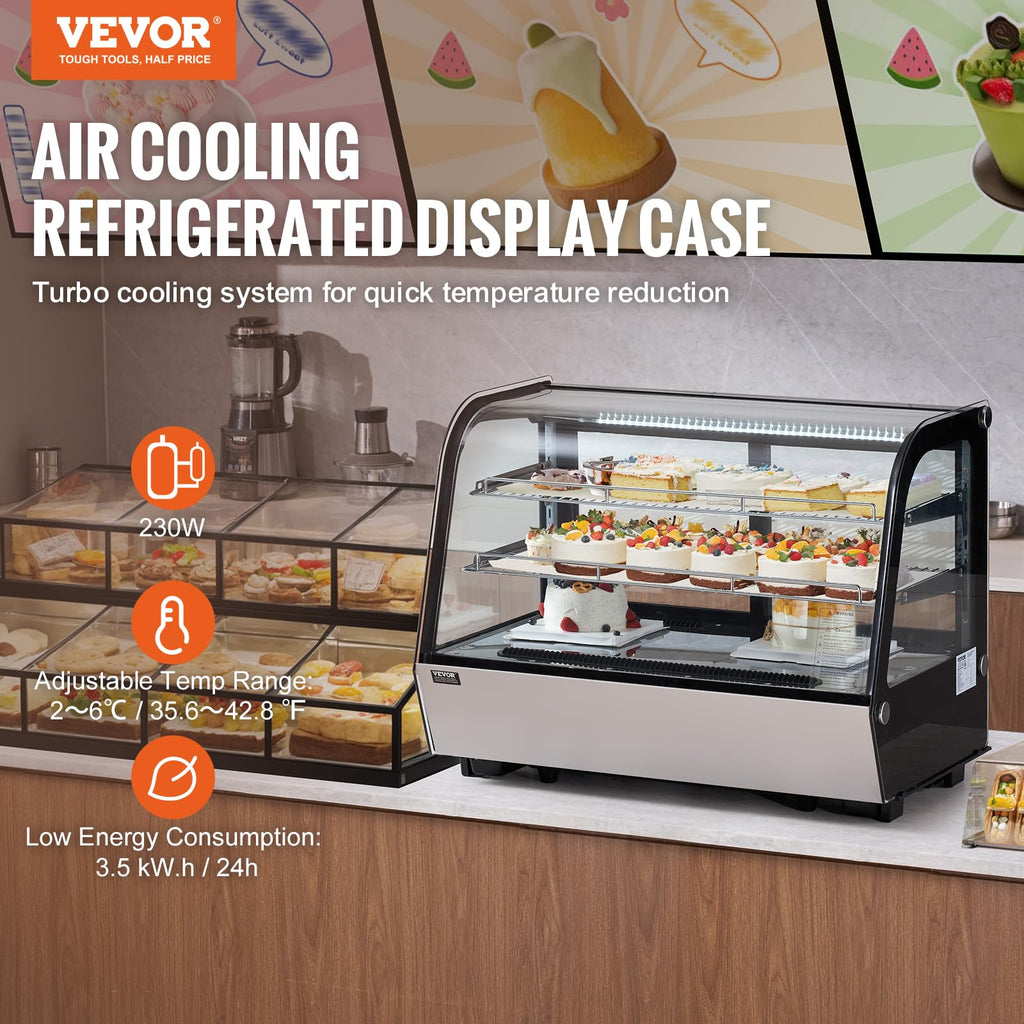 VEVOR Refrigerated Display Case, 3.5 Cu.Ft./100L, 2-Tier, Countertop Pastry Display Case Commercial Display Refrigerator with LED Lighting, TURBO Cooling, Frost-Free Air-Cooling, Rear Sliding Door