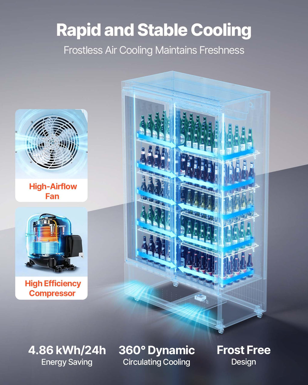 VEVOR Commercial Merchandiser Refrigerator, 6.9 Cu.Ft / 195L Glass Door Display Refrigerator, Upright Beverage Cooler Fridge with 4 Adjustable Shelves, Soft LED Light & Casters for Homes Shops Bars