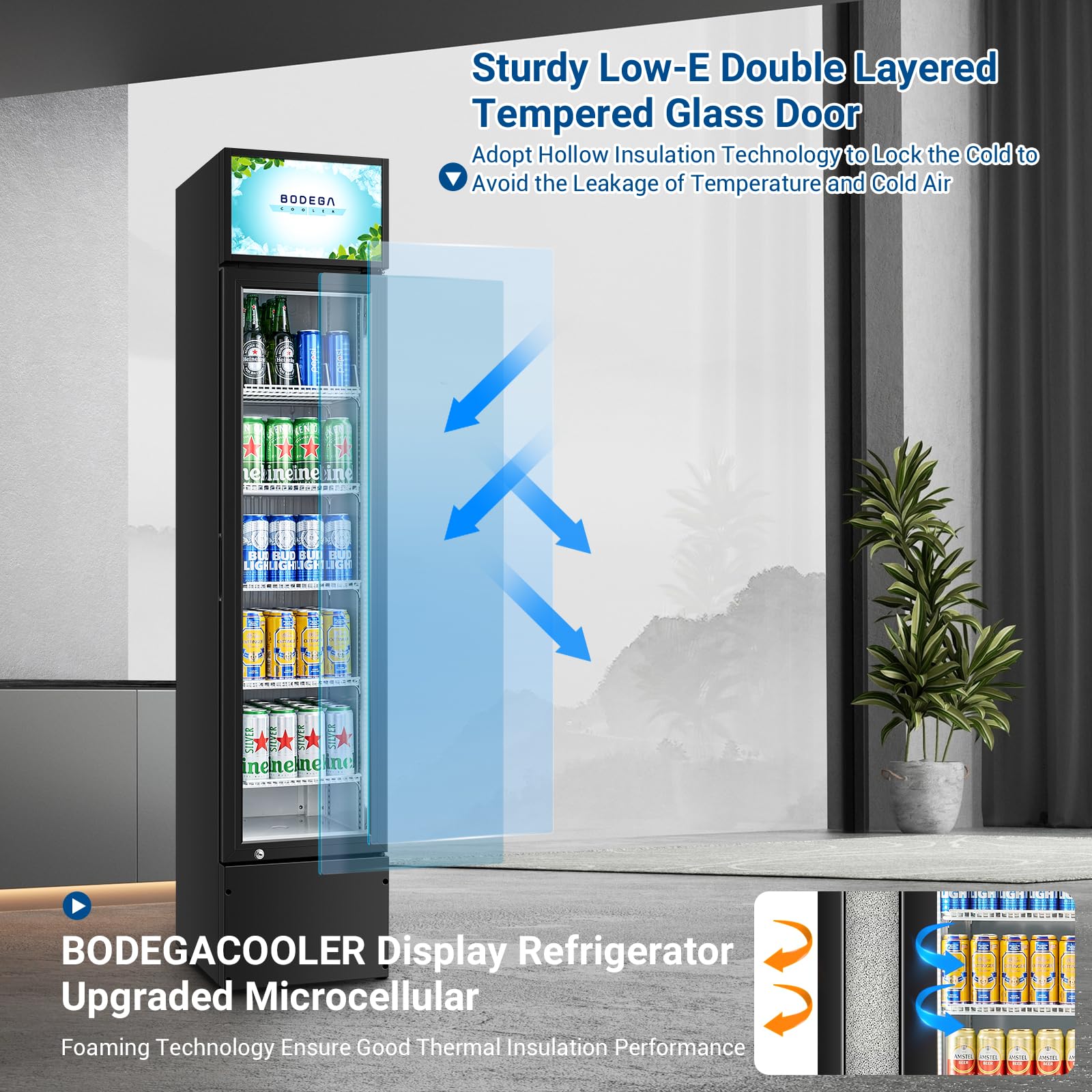 BODEGACOOLER Commercial Merchandiser Refrigerator, 27.02 Cu.Ft Double Glass Door Beverage Cooler, Upright Display Refrigerator with Soft LED Light, Adjustable Shelves, 4 Heavy-Duty Casters, Black