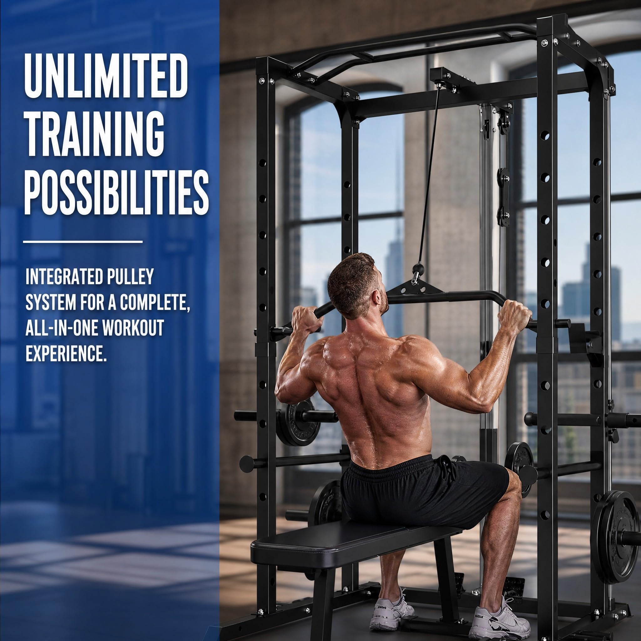 KOPUS Power Rack with Pulley System – Multi-Functional Power Cage Squat Rack, LAT Pull Down, J Hooks & Safety Bars – 1200 lbs Home Gym Equipment – 5 Configurations