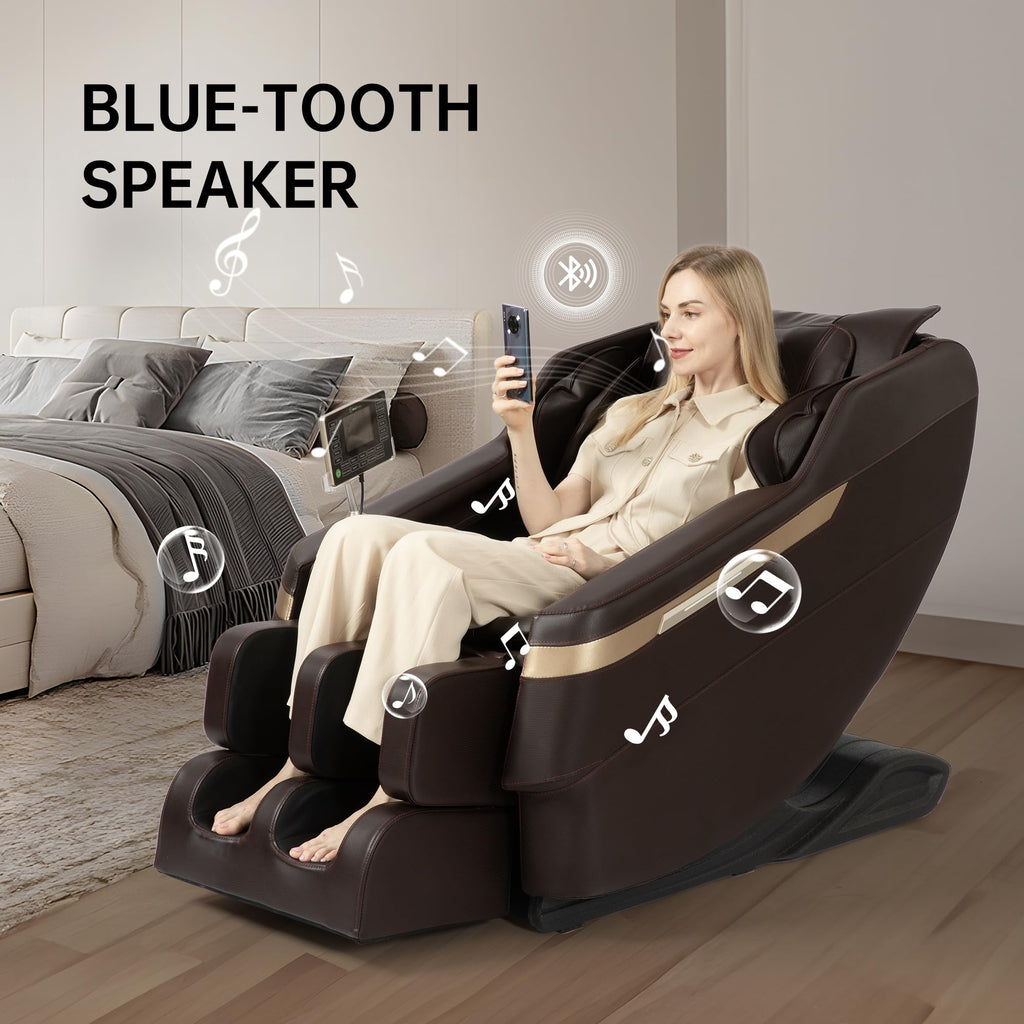 Real Relax 2025 Full Body Massage Chair, Zero Gravity Shiatsu Massage Chair Recliner, Foot Massage, Bluetooth, Large Control Screen (Brown and Gold)