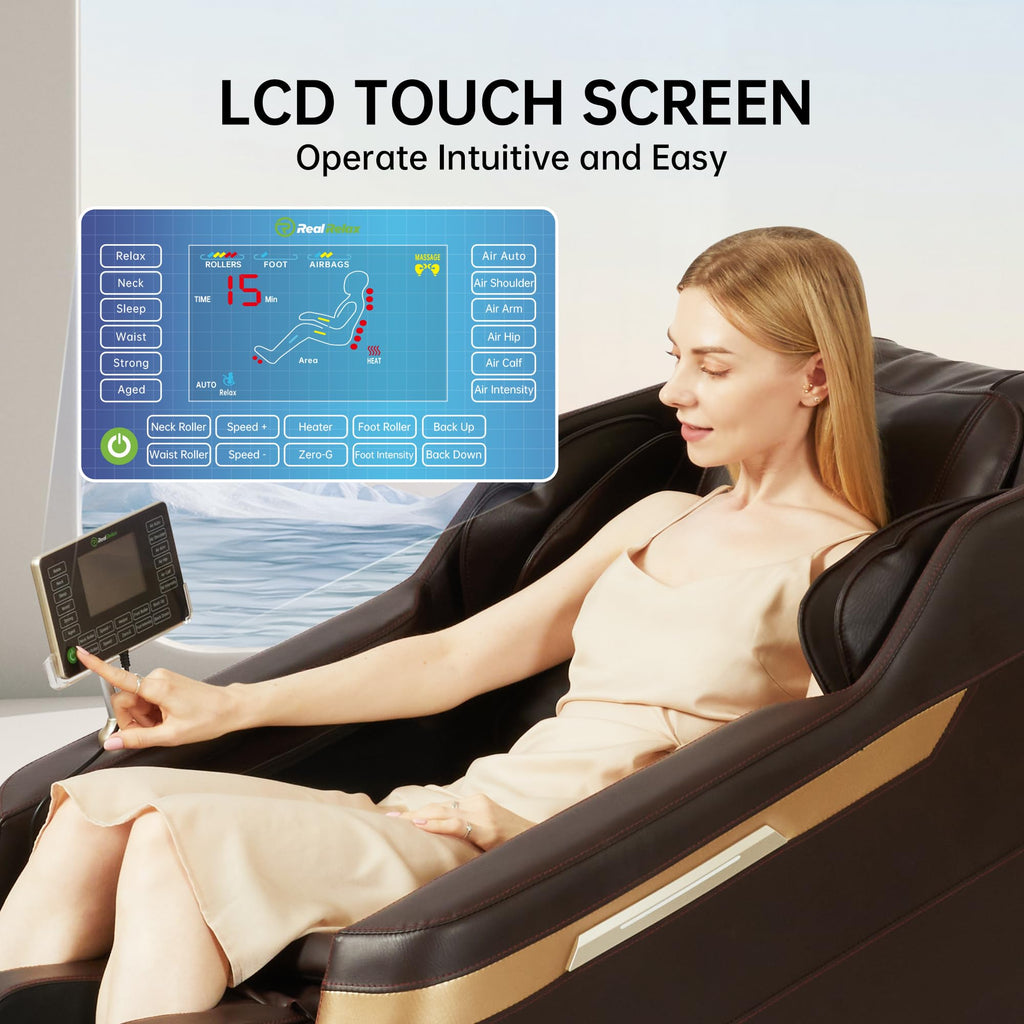 Real Relax 2025 Full Body Massage Chair, Zero Gravity Shiatsu Massage Chair Recliner, Foot Massage, Bluetooth, Large Control Screen (Brown and Gold)