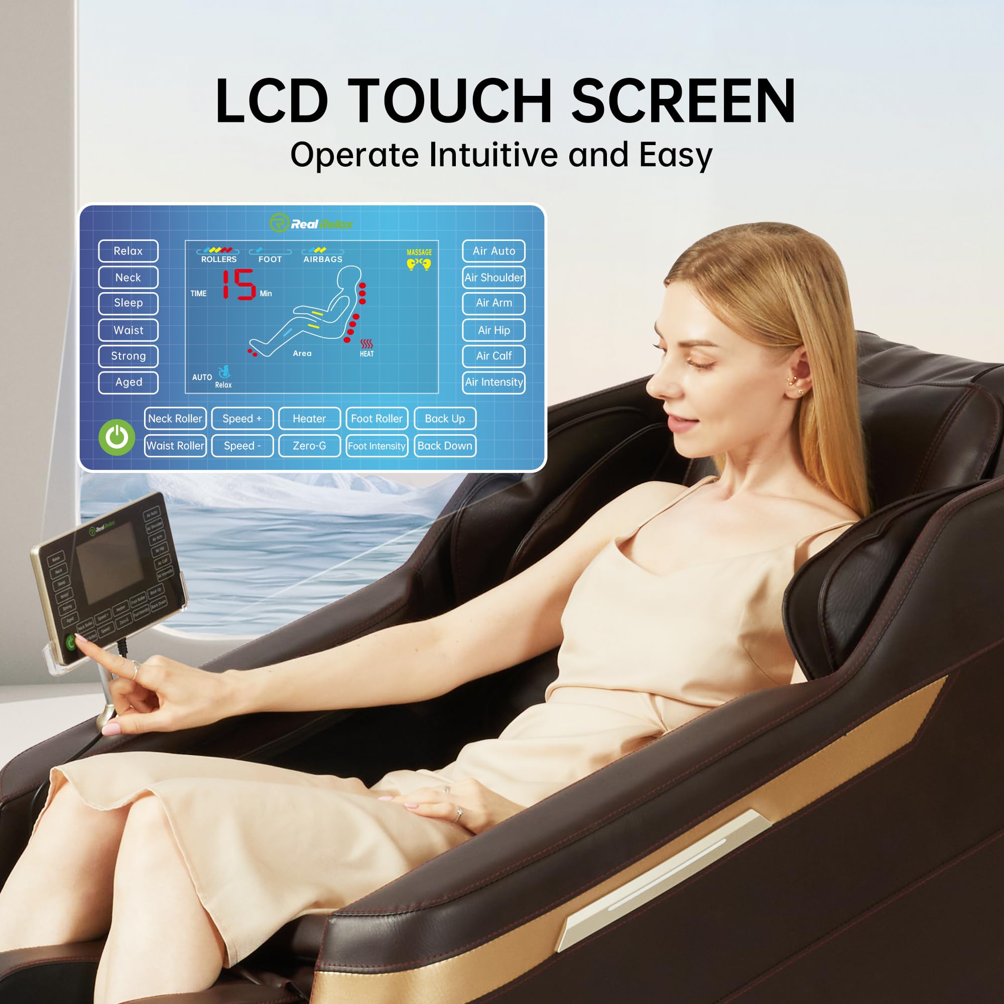 Real Relax 2025 Full Body Massage Chair, Zero Gravity Shiatsu Massage Chair Recliner, Foot Massage, Bluetooth, Large Control Screen (Brown and Gold)