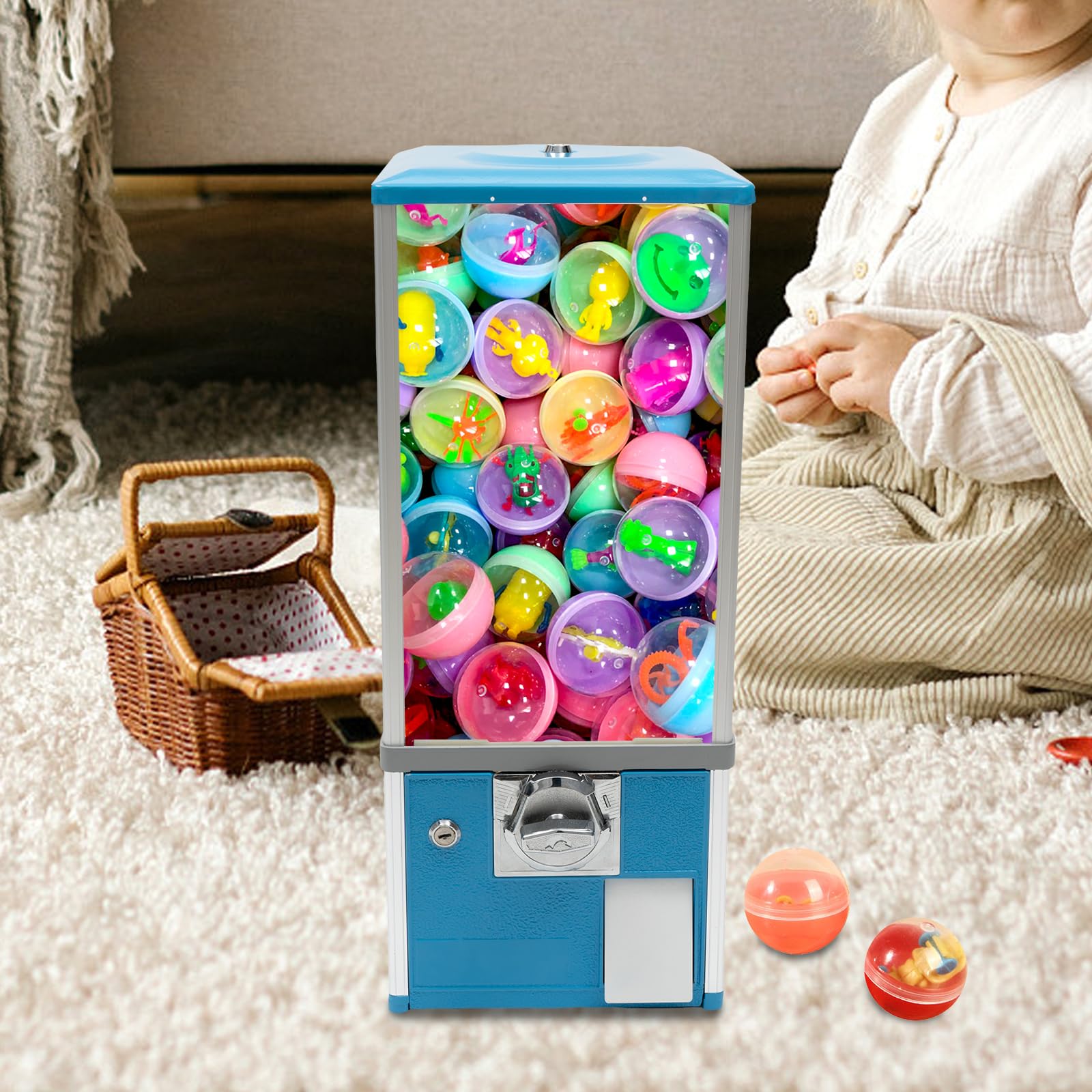 Candy Vending Machine 4X 25 Cents Toys Candy Dispenser Gumball Machine for Retail Stores Parks Game Halls and Home,10.2x10.2x25.2in,with 2 Keys (Blue)