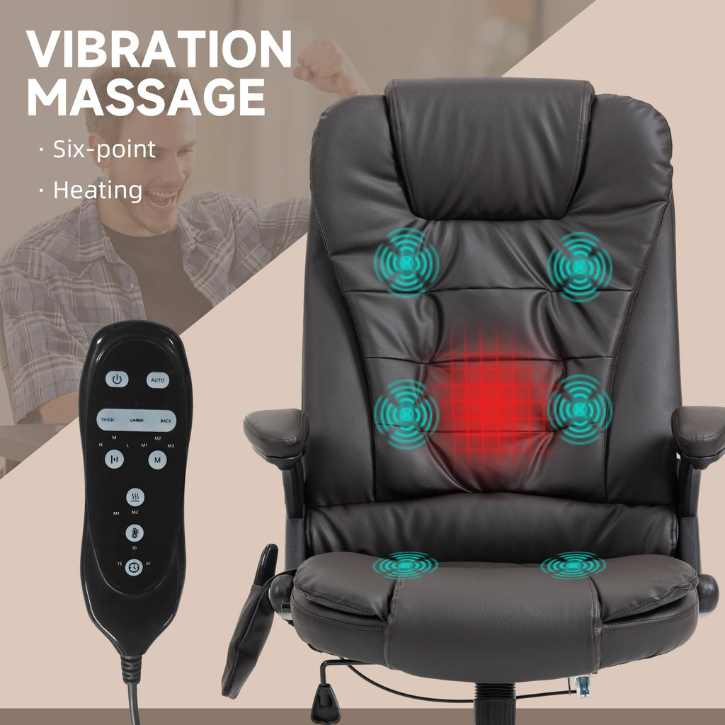 HOMCOM High Back Vibration Massage Office Chair with 6 Vibration Points, Heated Reclining PU Leather Computer Chair with Armrest and Remote, Brown