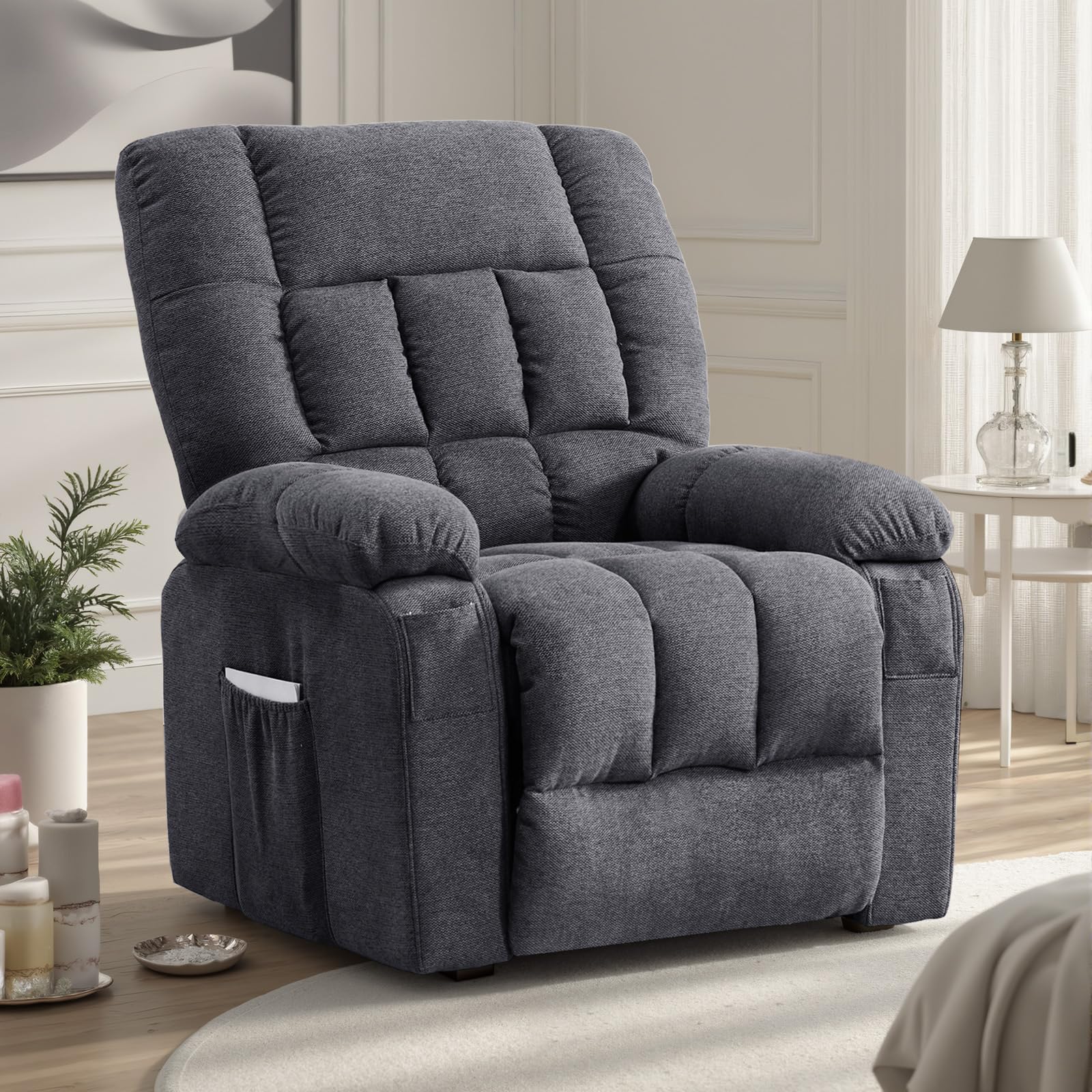 DUMOS Rocker Recliner Chair, Swivel Recliner with Vibration Massage & Lumbar Heating, 270° Rotating Chenille Fabric Recliner with footrest for Living Room & Bedroom, Grey