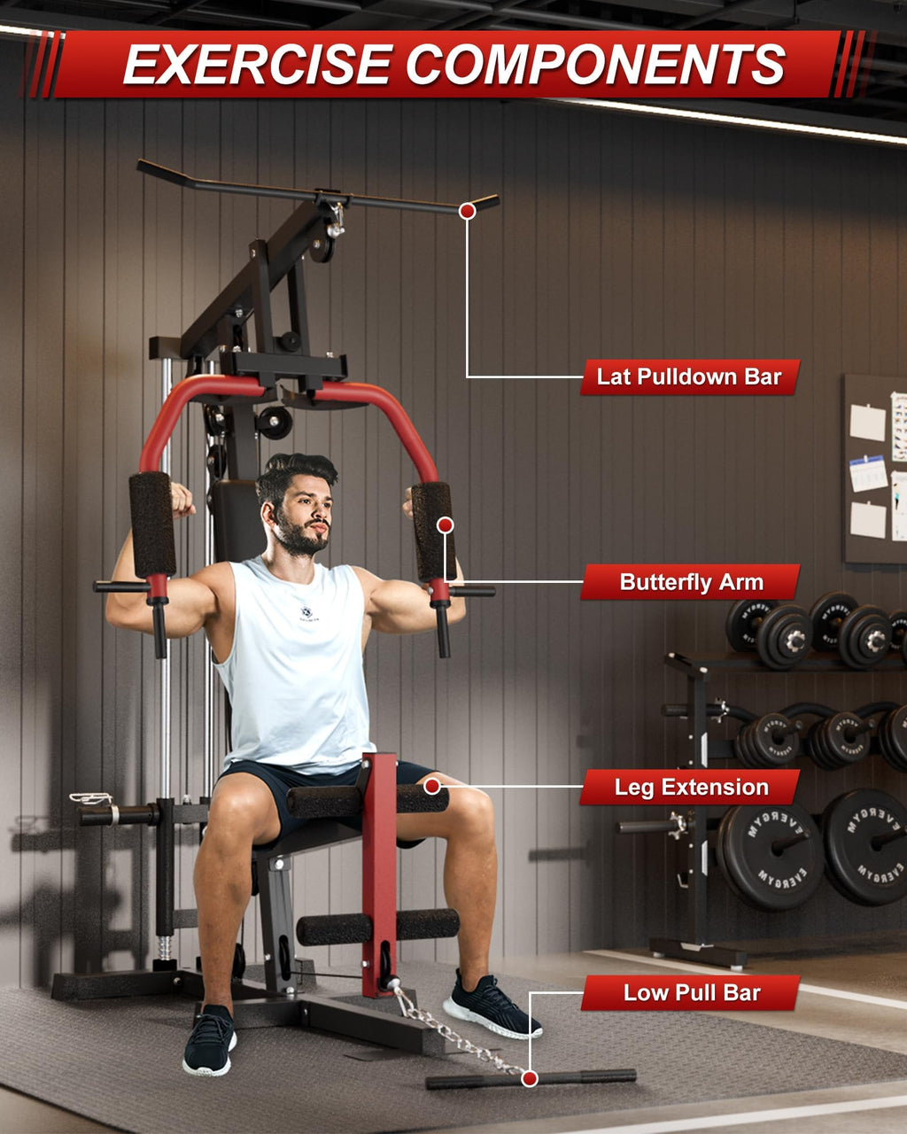 5-in-1 Multifunctional Home Gym Equipment, Full Body Training Machine with LAT Pulldown, Chest Press, Leg Extension, Seated Row,300LB Weight Capacity, Fits 1&2 Inch Weight Plates (Not Included)