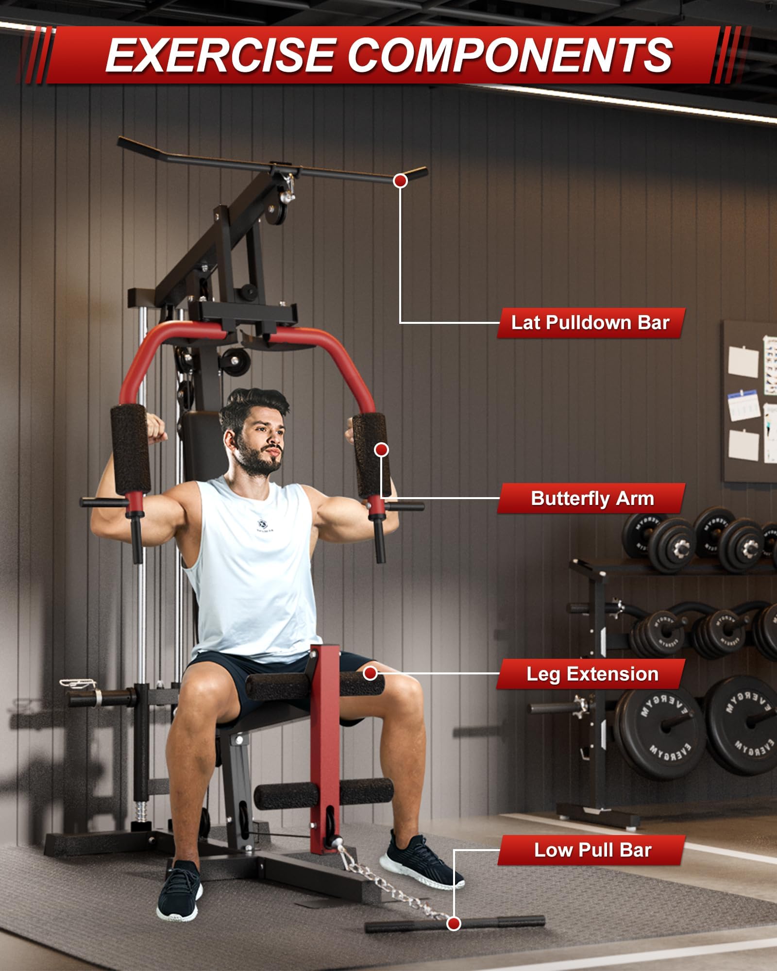 5-in-1 Multifunctional Home Gym Equipment, Full Body Training Machine with LAT Pulldown, Chest Press, Leg Extension, Seated Row,300LB Weight Capacity, Fits 1&2 Inch Weight Plates (Not Included)
