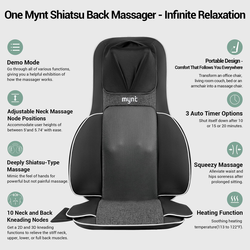 Mynt FSA Eligible HSA Approved Shiatsu Neck and Back Massager for Chair with 10 Deep Kneading Nodes, 2D & 3D Back Massage with Heat, Portable Spot Massage Chair Pad (Black)