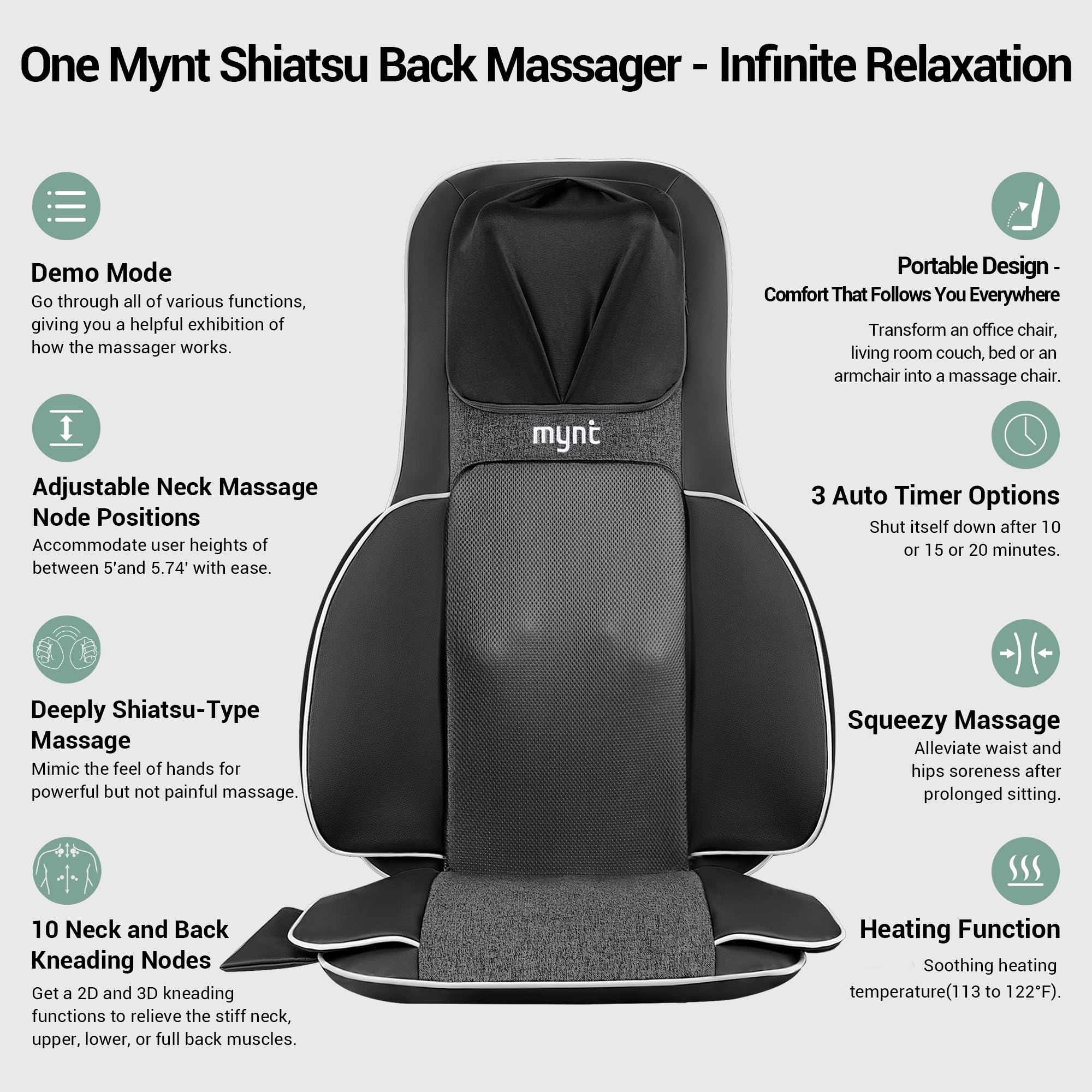 Mynt FSA Eligible HSA Approved Shiatsu Neck and Back Massager for Chair with 10 Deep Kneading Nodes, 2D & 3D Back Massage with Heat, Portable Spot Massage Chair Pad (Black)