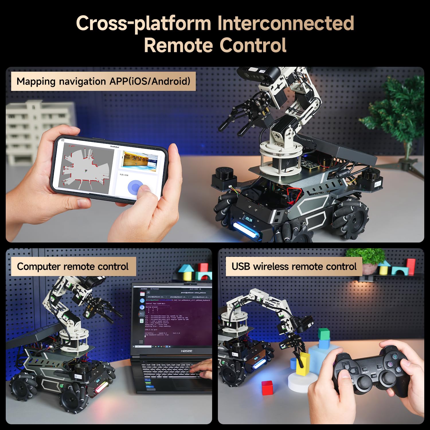 Yahboom ROS2 Robot Kit with Jetson Orin Nano 8GB Super Large AI Model with 6DOF Robotic Arm, 7-inch HD Display,AI Voice Interaction Module Provides AI Vision App Control