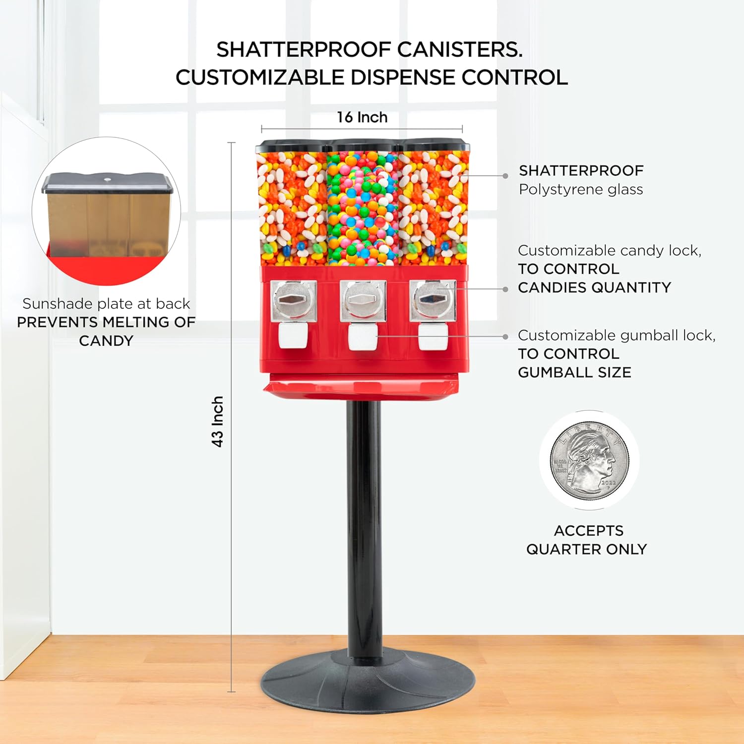 Candy Machine Dispenser Gumball & Candy Vending Machine Supports Large Gum Balls with Coin Operated for Commercial Use Includes Anti Theft Lock Meets FDA Norms