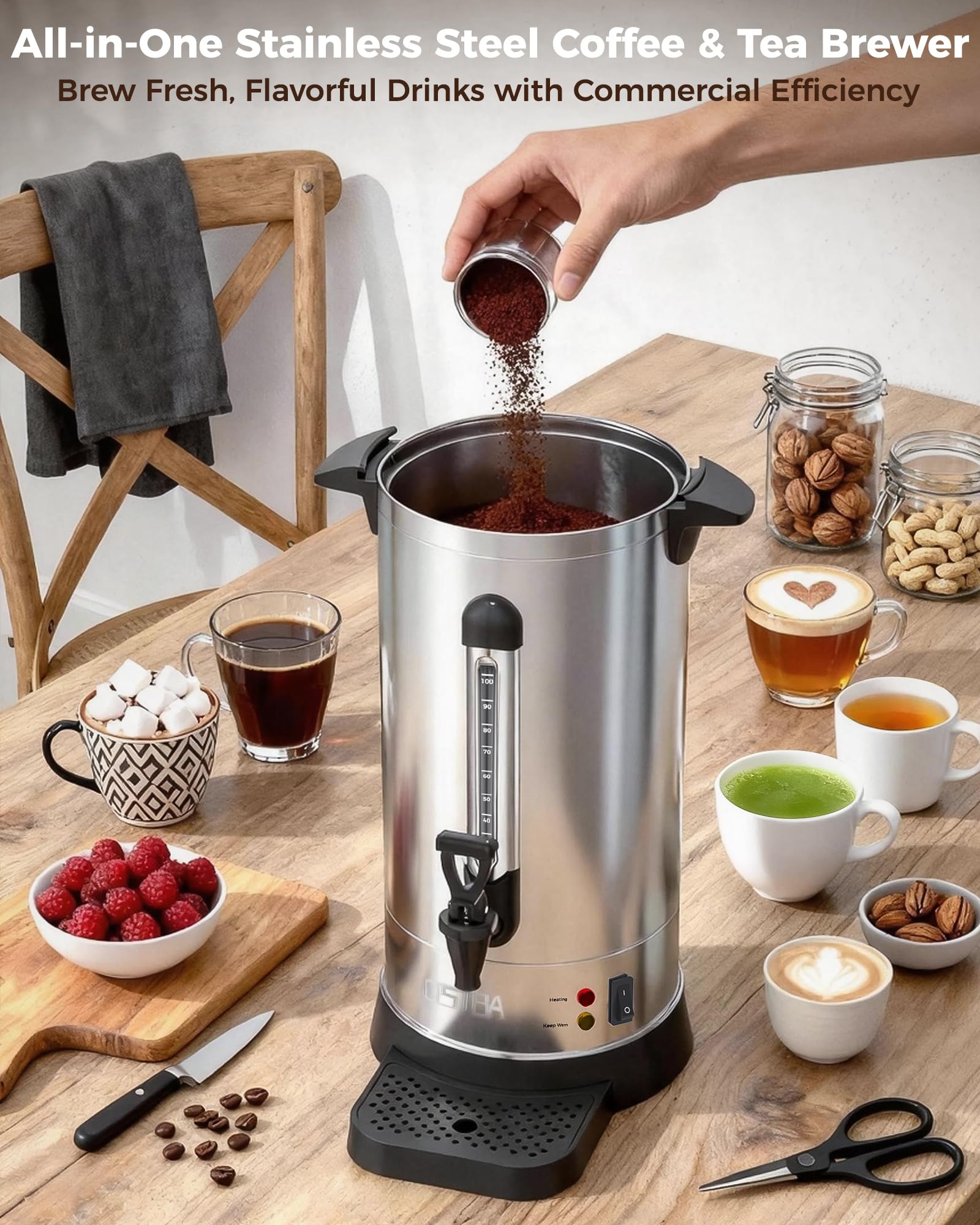 OSTBA 1500W Commercial Coffee Urn 100 Cup / 15L Large Percolator Coffee Pot, Double-Wall 304 Stainless Steel Hot Water Dispenser, Fast Brewing Electric Coffee Maker for Catering, Parties, Offices
