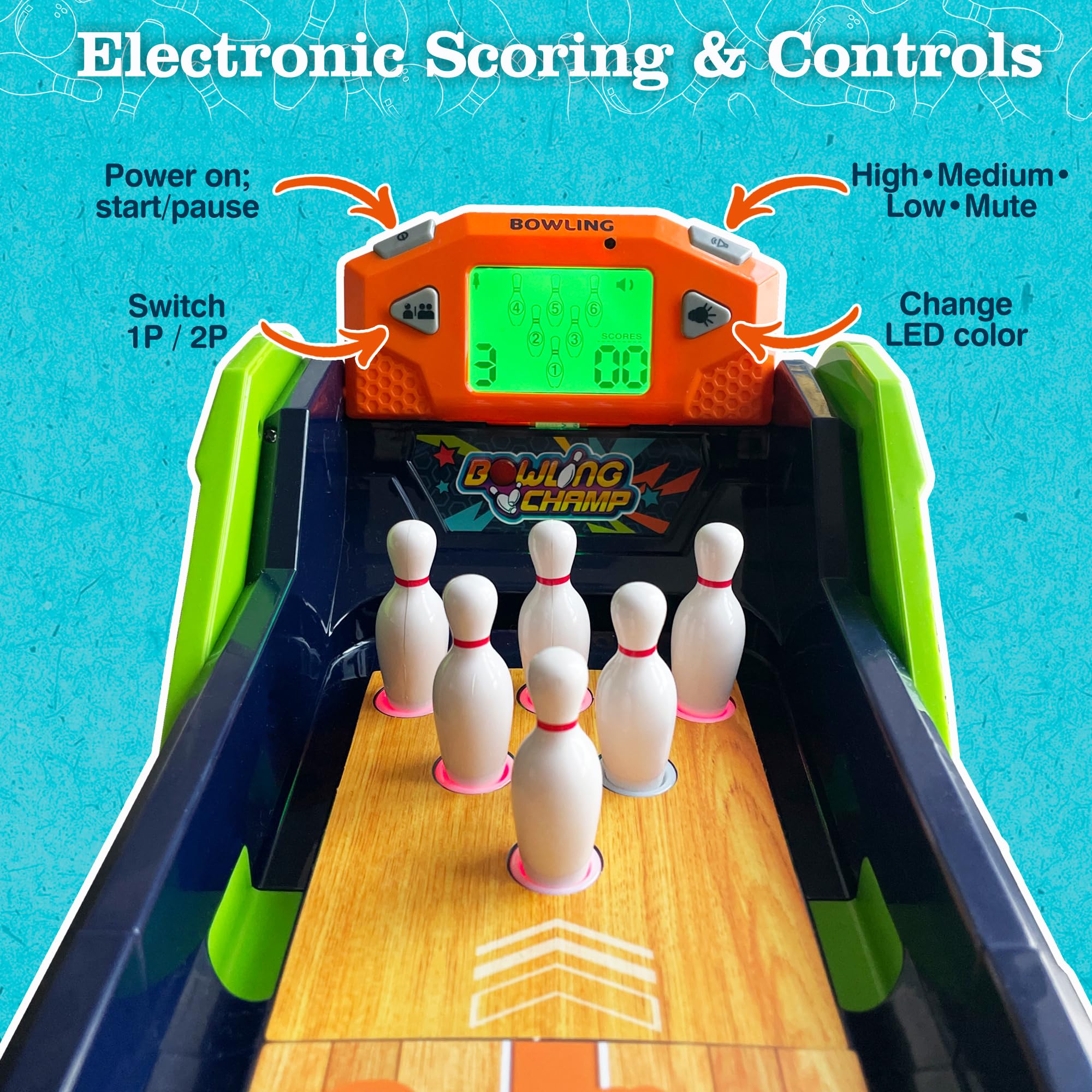 Bowling Game — Electronic Tabletop Arcade Game with LCD Auto Scoring, Lights & Sound, Spring-Loaded Launcher & 1-2 Player Modes — Mini Bowling Set for Kids