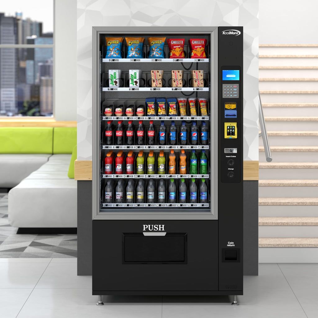 KoolMore Refrigerated Snack Vending Machine with 36 Slots Featuring a Credit Card Reader and Coin/Bill Acceptor in Black (KM-VMR-30-BCR)