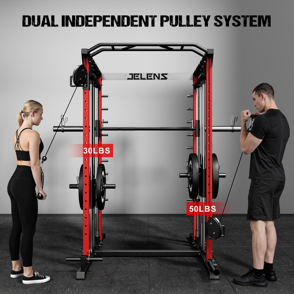 JELENS M21 Smith Machine, Multi-Function Power Cage with Dual Pulley Cable Crossover System, 2000LBS All-in-One Squat Rack with Smith Bar and Attachments for Home Gym