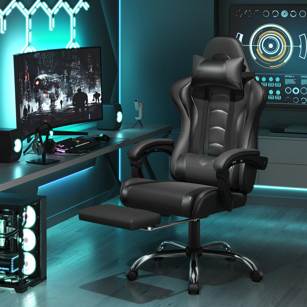 Yaheetech Gaming Chair with Electric Massage Lumbar Support, Footrest & Headrest — Ergonomic High Back Recliner for Home Office, Computer Desk Chair, Height Adjustable, 300 lbs, Black/White
