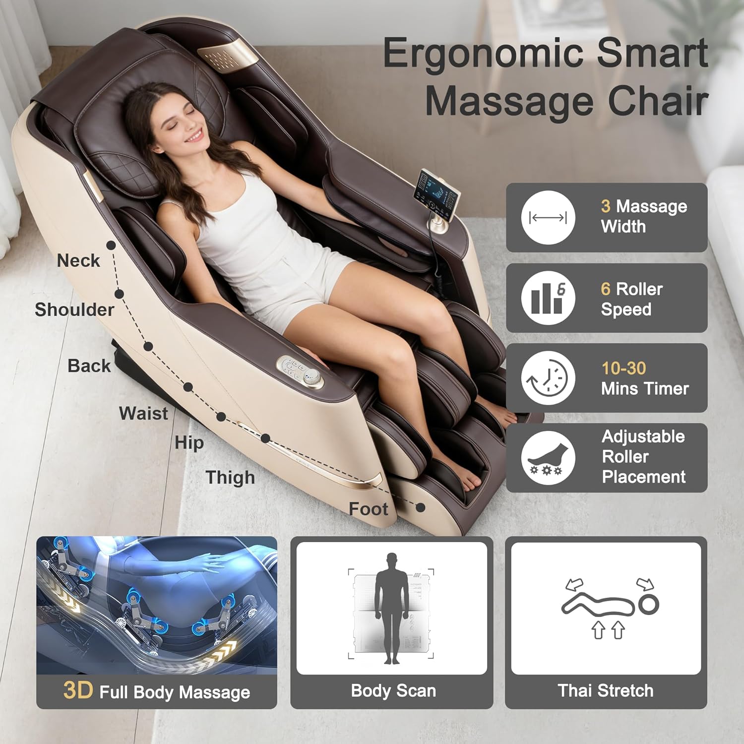 iBooMas Massage Chair, 2026 SL-Track Zero Gravity Shiatsu Massage Chairs Full Body and Recliner, 12+6 Modes, Body Scan, APP, Foot Rollers, Heat Therapy, Airbags, Bluetooth, Thai Stretch (Beige& Brown)