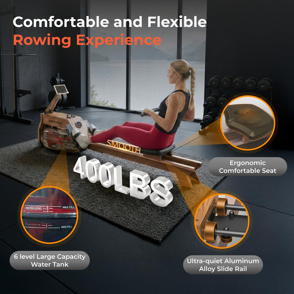 WENOKER Water Rowing Machines for Home Use, Water-Magnetic Dual Resistance Professional Rower Machine with Smart Electronic Knob,Wooden Row with Bluetooth App Compatible for Home Gym Exercise 400 LBS