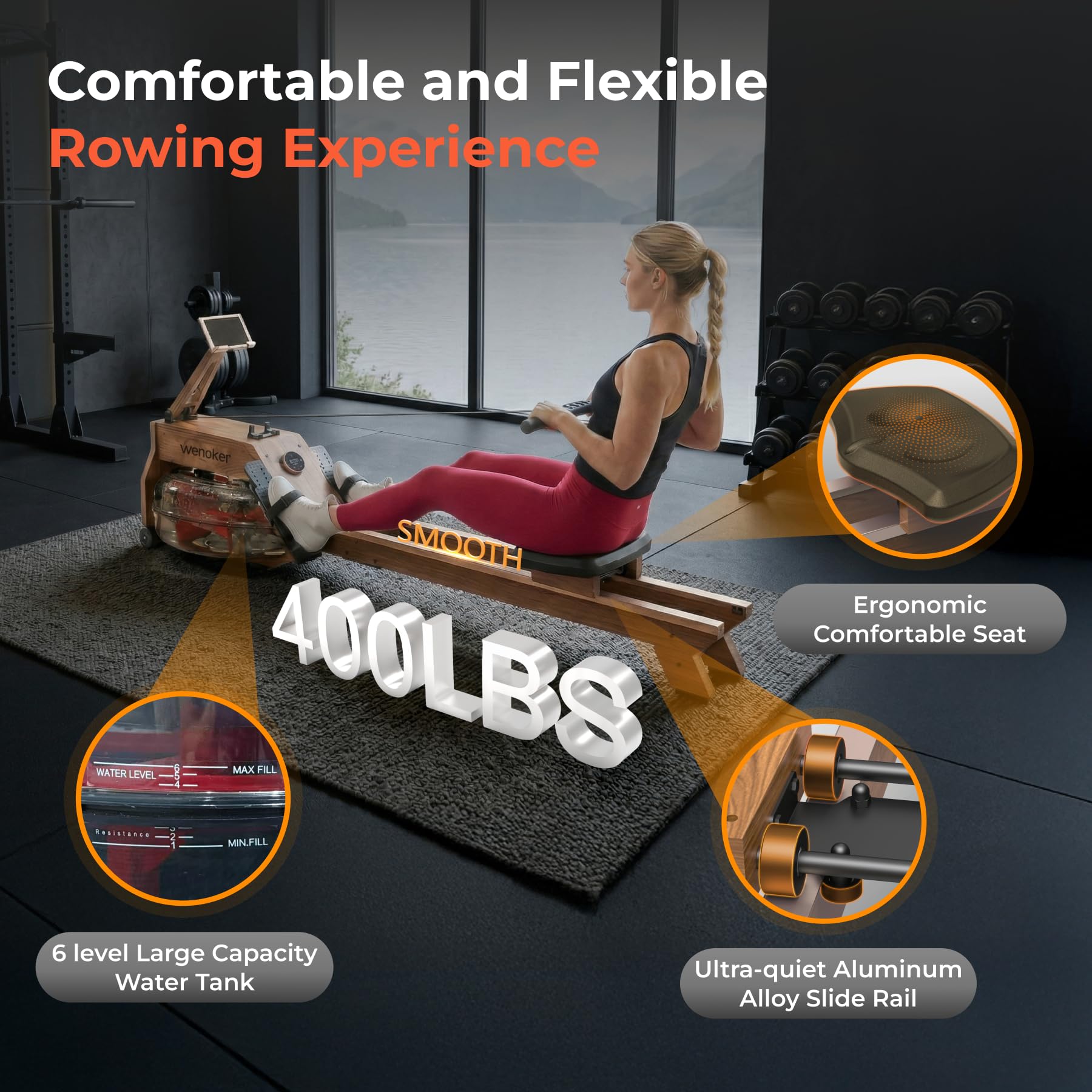 WENOKER Water Rowing Machines for Home Use, Water-Magnetic Dual Resistance Professional Rower Machine with Smart Electronic Knob,Wooden Row with Bluetooth App Compatible for Home Gym Exercise 400 LBS