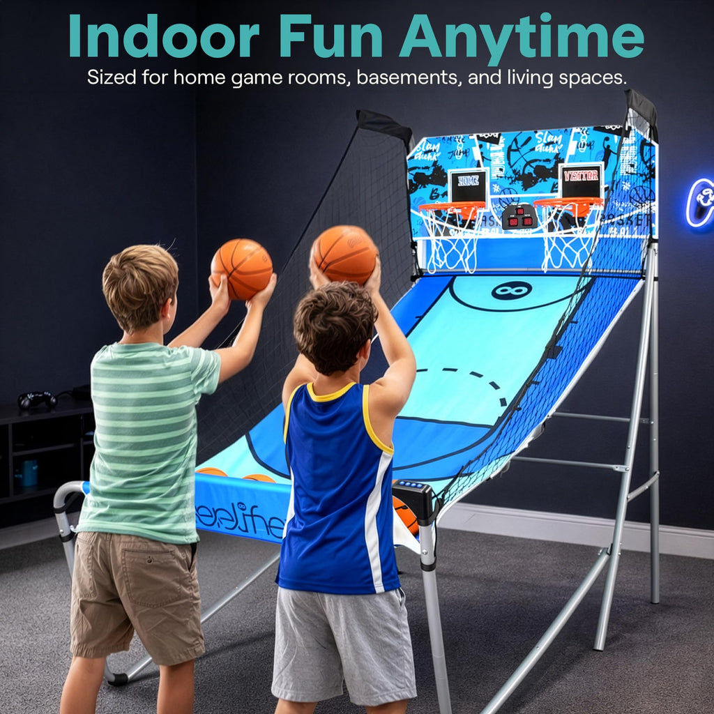 SereneLife Dual Shot Basketball Arcade Game with Electronic Scorer, 8 Game Modes, Indoor Outdoor 2 Player Basketball Shooting Game, Foldable Arcade Set with 5 Balls and Pump
