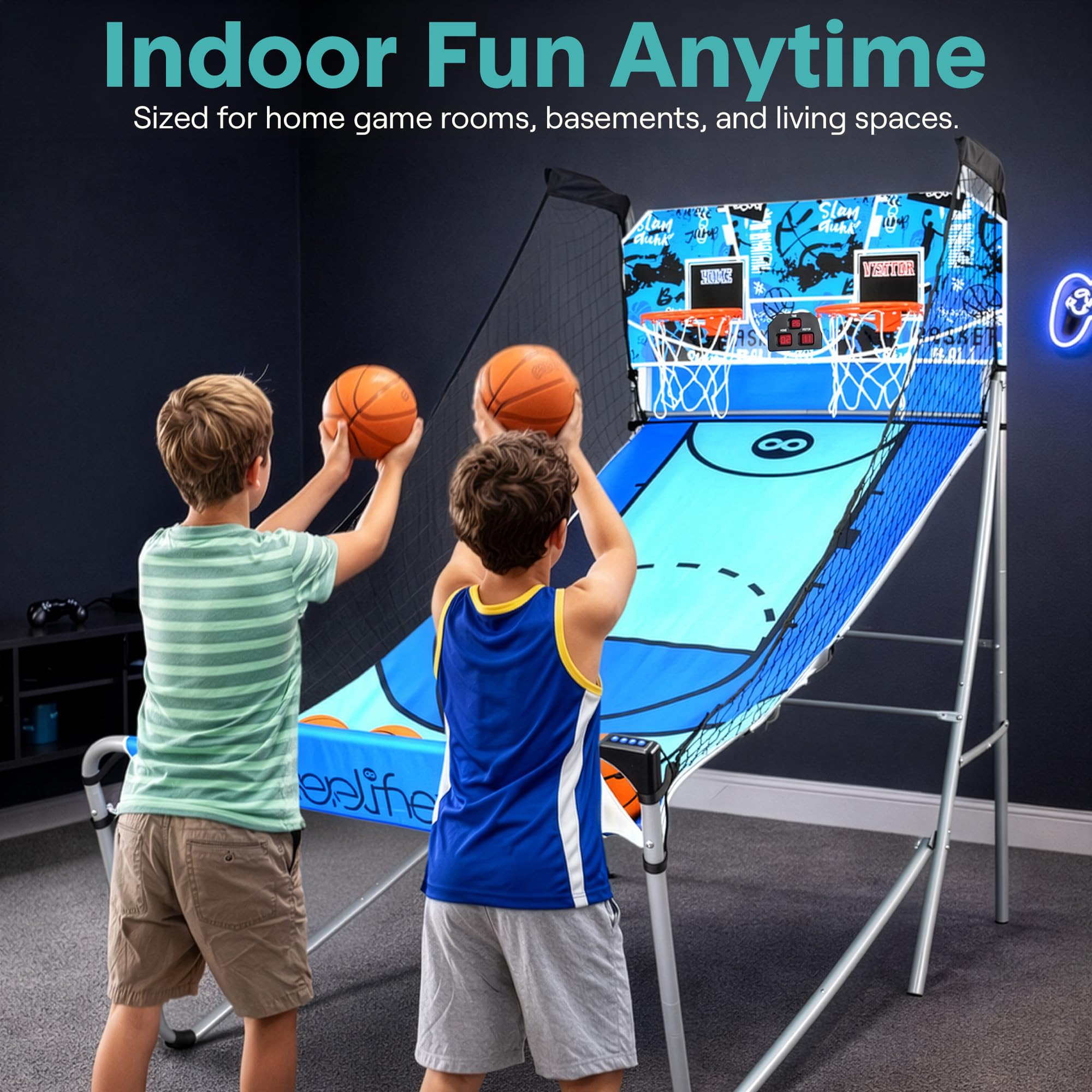 SereneLife Dual Shot Basketball Arcade Game with Electronic Scorer, 8 Game Modes, Indoor Outdoor 2 Player Basketball Shooting Game, Foldable Arcade Set with 5 Balls and Pump