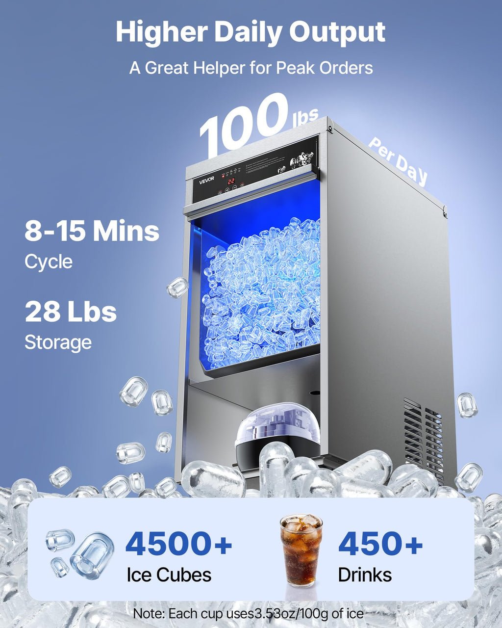 VEVOR Commercial Ice Maker Machine, 100 lbs/24h with 30-35 lbs Storage, Bullet Ice,Built-in/Freestanding/Under Counter, Stainless Steel Ice Maker with LED Display for Home Bar Restaurant