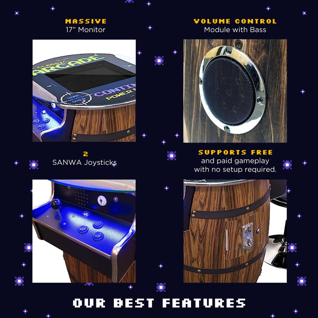 Creative Arcades Full-Size Commercial Grade Wine Barrel Style Pub Arcade Machine | Standard/Medium/Large | Classic Games | 2 Sanwa Joysticks | 2 Stools (Large, 60 Game, 19" Screen, Woodgrain)