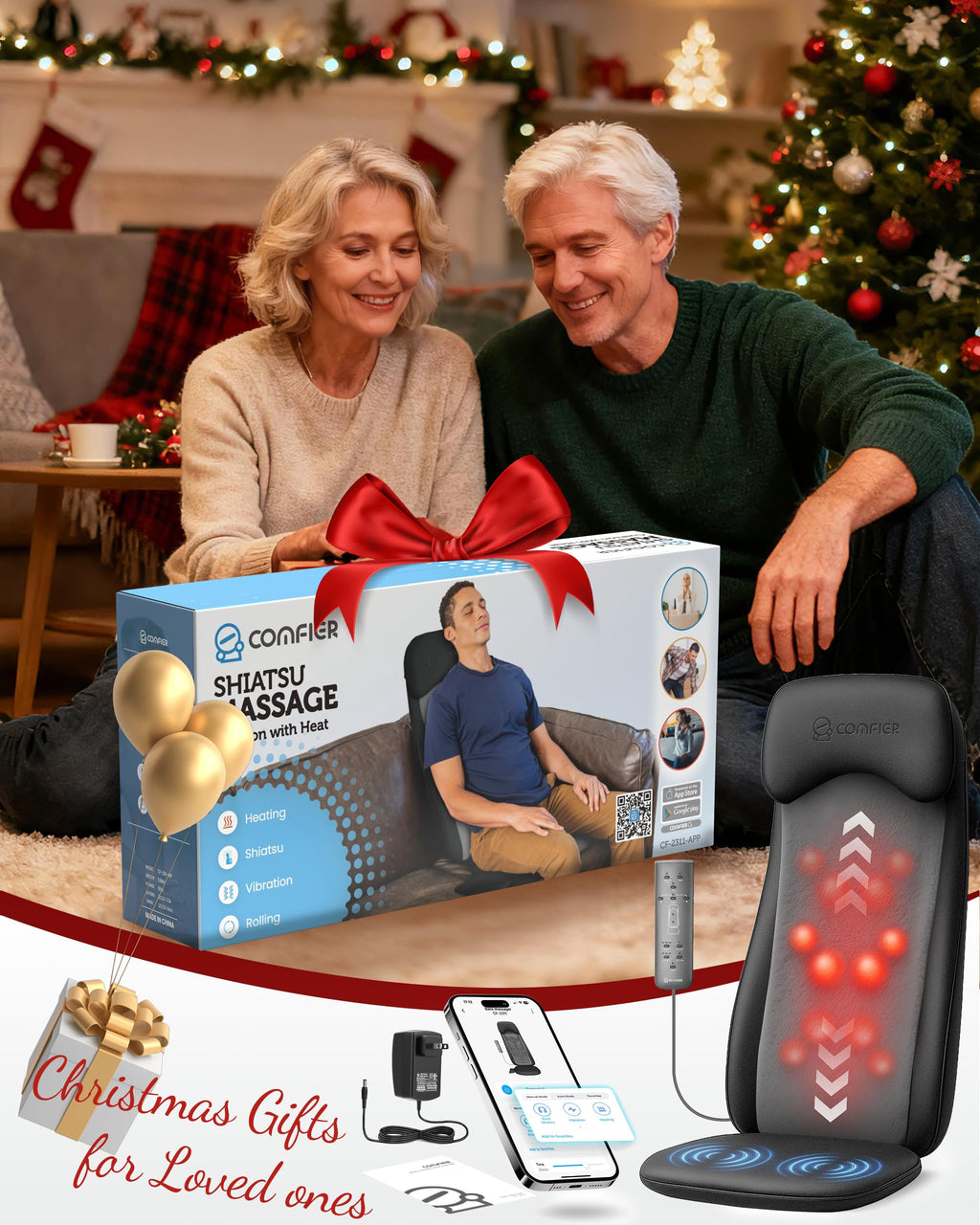 COMFIER Massager Chair with Heat, Shiatsu Neck Back Massager Portable with Compression & Rolling,Massage Chair Pad for Neck & Back for Muscle Tension Relief, Father Day Gift
