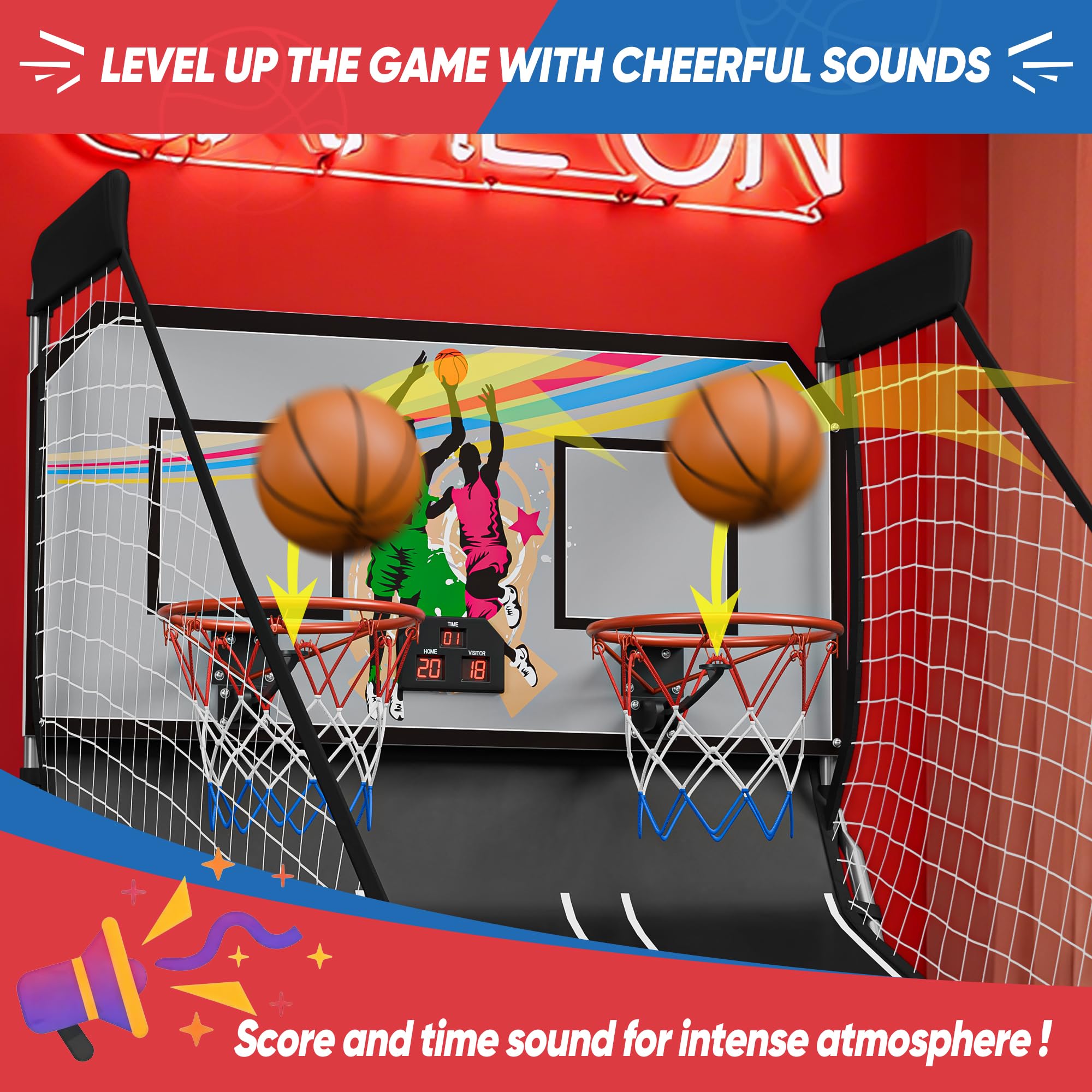 JupiterForce Foldable Indoor Basketball Arcade Game, Electronic Dual Shot Basketball Hoop Arcade Game Machine with 4 Balls and LED Scoring for 2 Players Home Play, Adults