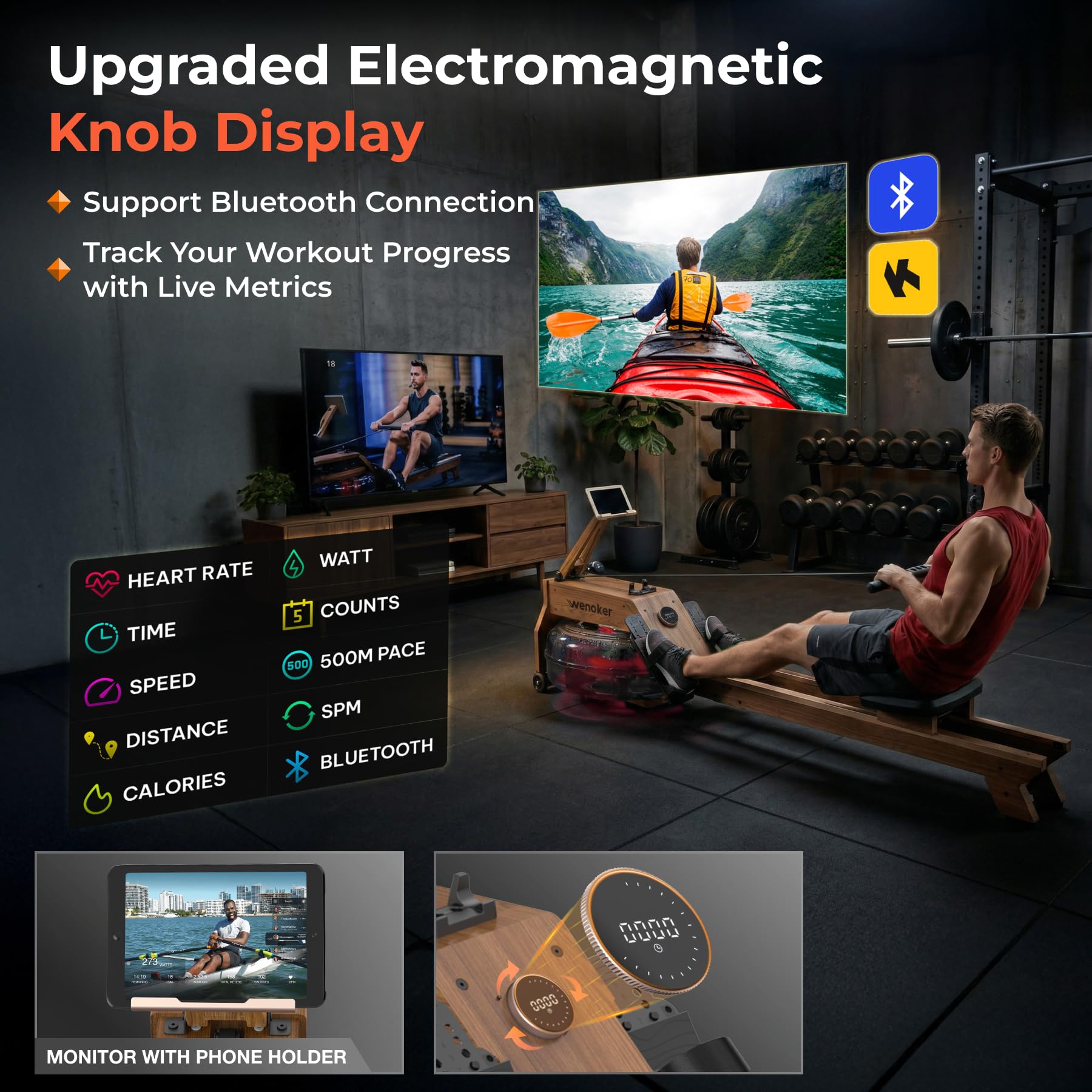 WENOKER Water Rowing Machines for Home Use, Water-Magnetic Dual Resistance Professional Rower Machine with Smart Electronic Knob,Wooden Row with Bluetooth App Compatible for Home Gym Exercise 400 LBS