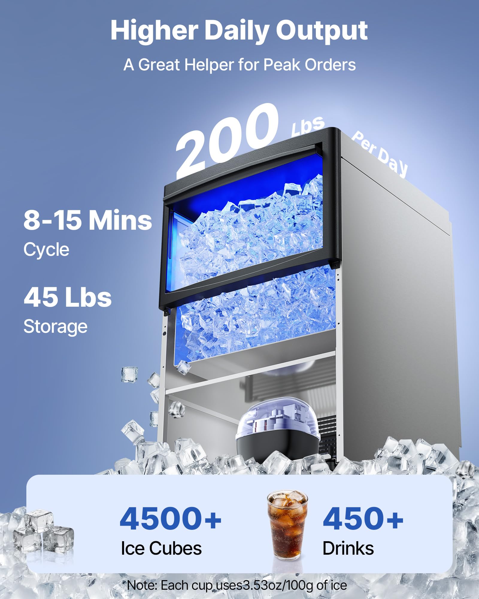 VEVOR Commercial Ice Maker Machine, 100 lbs/24h with 30-35 lbs Storage, Bullet Ice,Built-in/Freestanding/Under Counter, Stainless Steel Ice Maker with LED Display for Home Bar Restaurant