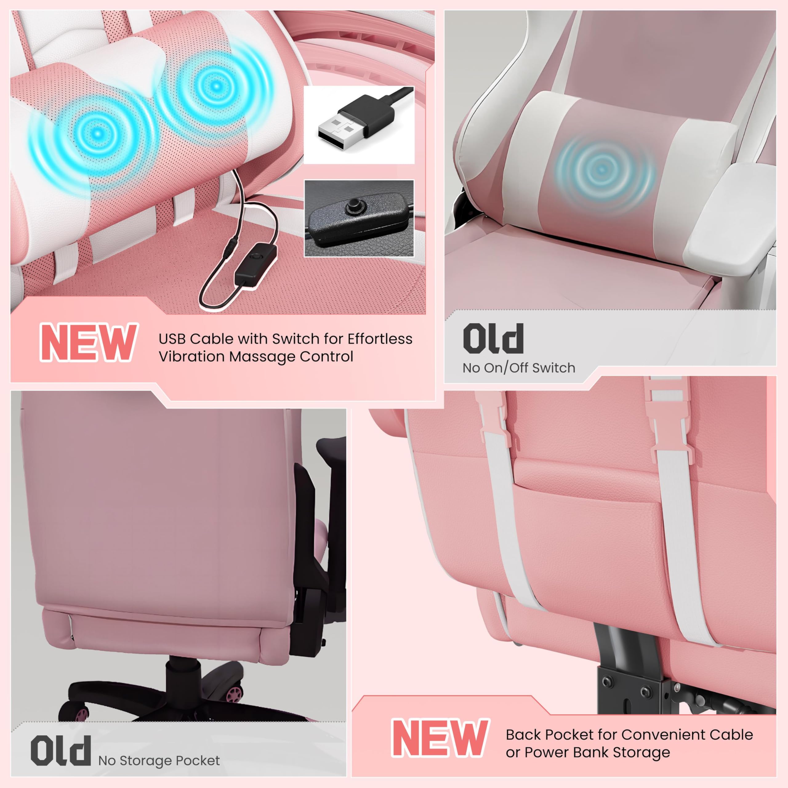 Yaheetech Gaming Chair with Electric Massage Lumbar Support, Footrest & Headrest — Ergonomic High Back Recliner for Home Office, Computer Desk Chair, Height Adjustable, 300 lbs, Black/White