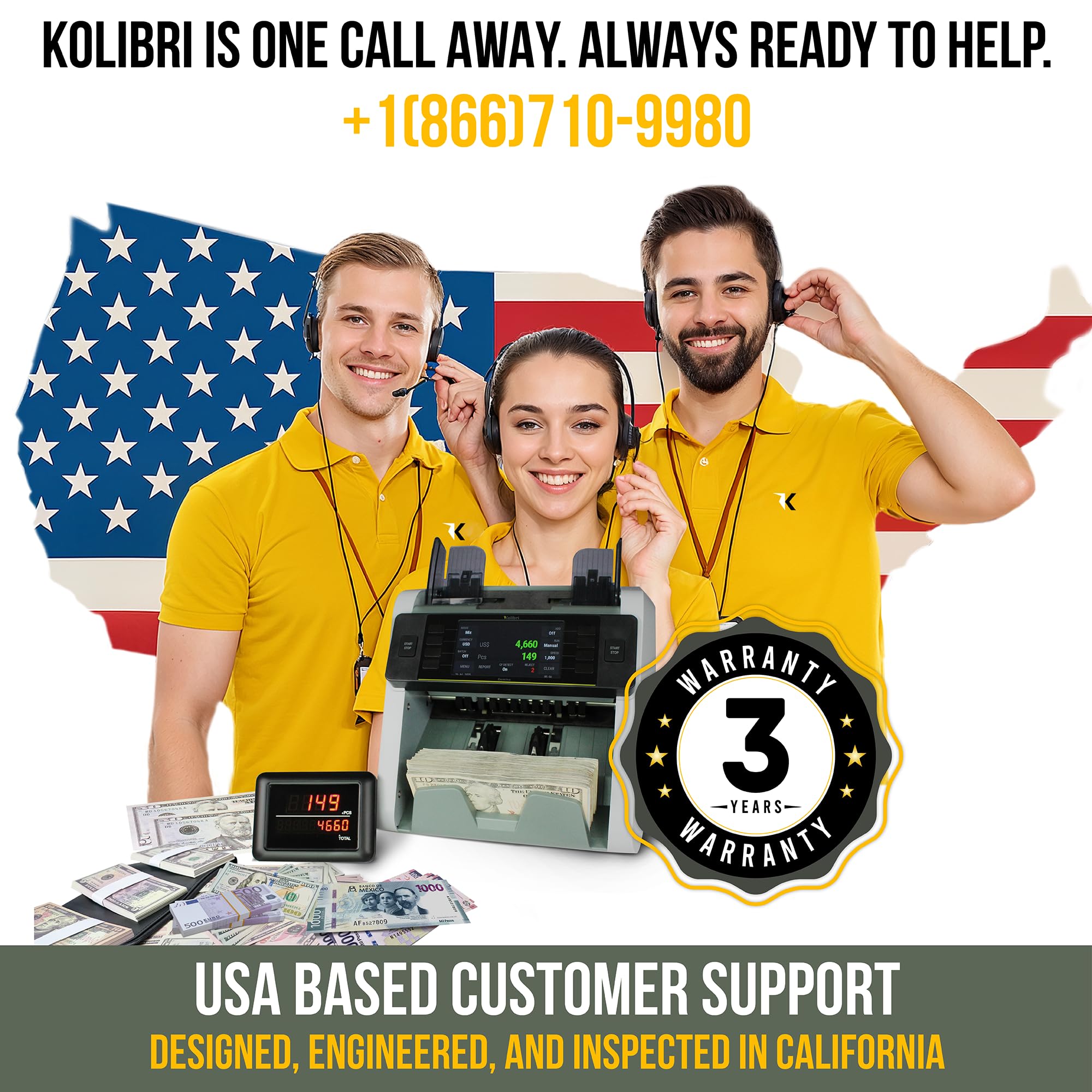 KOLIBRI Money Counter Machine I LCD Display I Business Grade I Dollar, Euro I Advanced UV/MG/IR/DD/HLF Detection I Single Denomination Value Count I 1,500 Notes/Min I 1-Year Warranty I KOLIBRI UV/MG