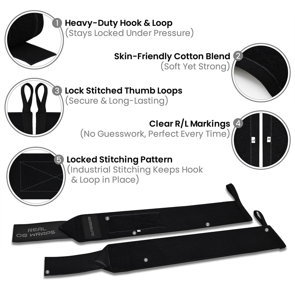 18" OG-Grade Wrist Wraps for Weightlifting – Heavy Duty Wrist Support with Thumb Loop & Lockdown Strap – Wrist Straps for Powerlifting, Bench Press & Gym Training