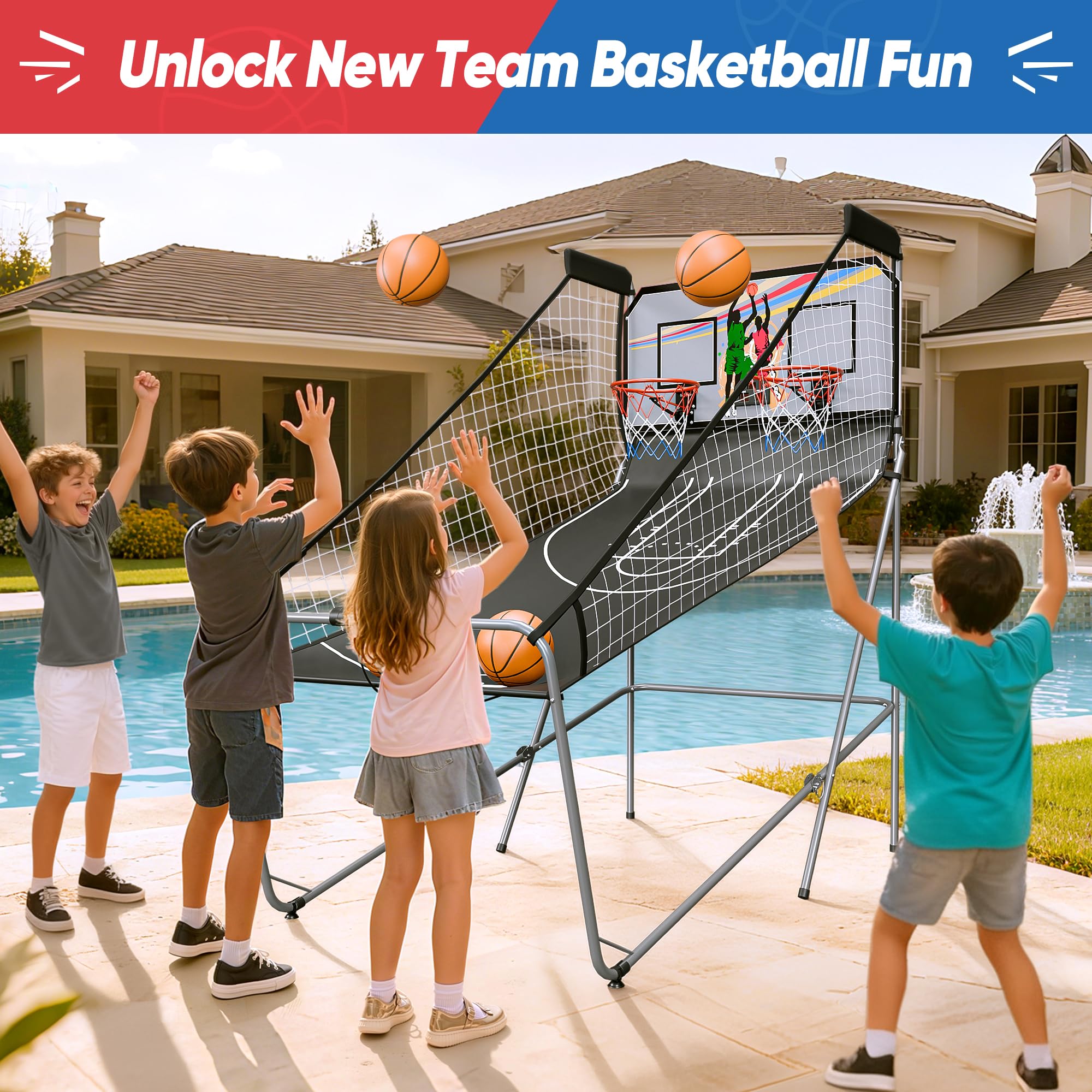 JupiterForce Foldable Indoor Basketball Arcade Game, Electronic Dual Shot Basketball Hoop Arcade Game Machine with 4 Balls and LED Scoring for 2 Players Home Play, Adults