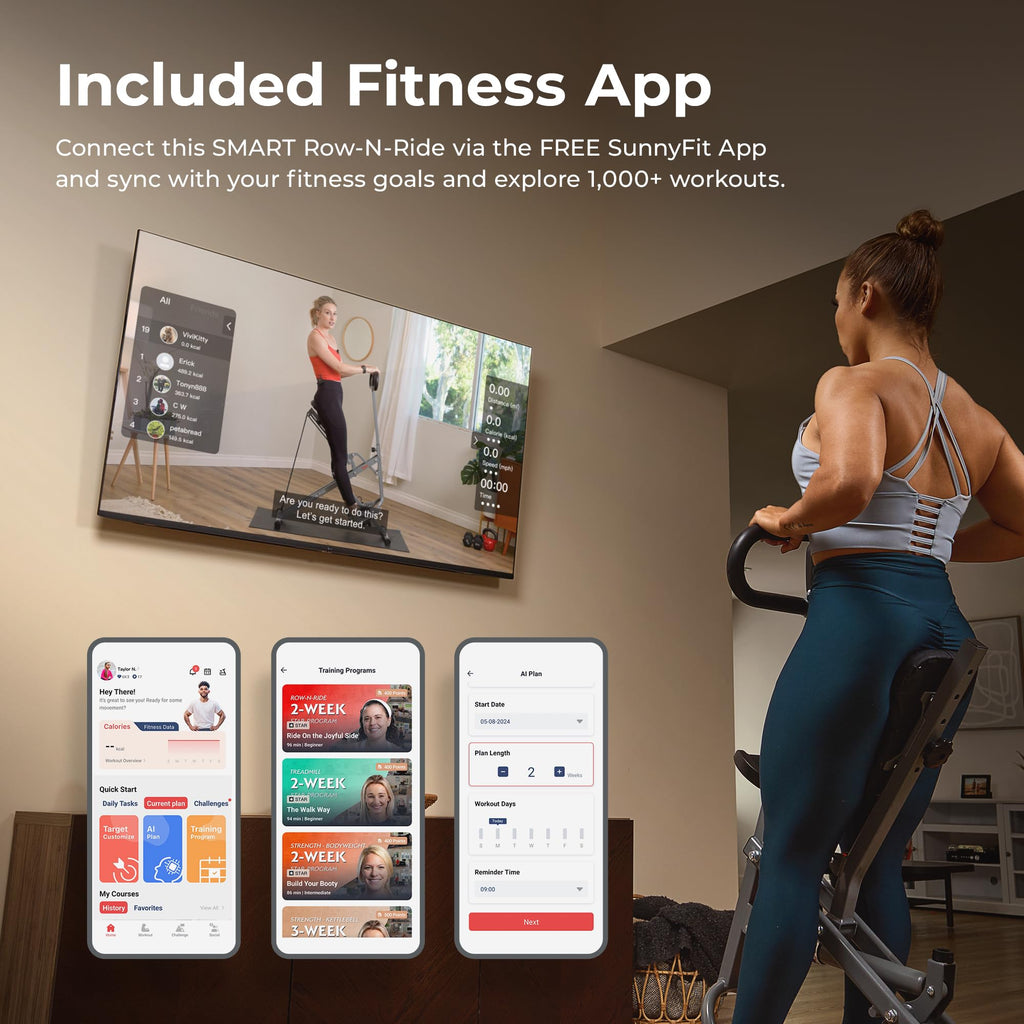 Sunny Health & Fitness Row-N-Ride PRO, Full Body Combo Squat Machine w/Optional Resistance Band, Easy Setup Ab Workout Exercise Equipment for Home, Whole Body Cardio, Optional SunnyFit App Connection