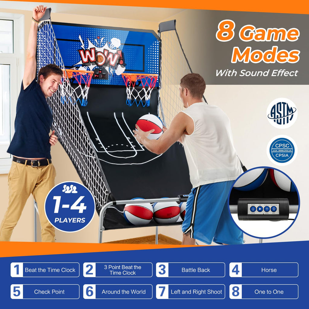 GYMAX Arcade Basketball Game Indoor Foldable with 8 Game Modes, Arcade Sound, 4 Balls and Inflation Pump, Electronic Basketball Games for Home