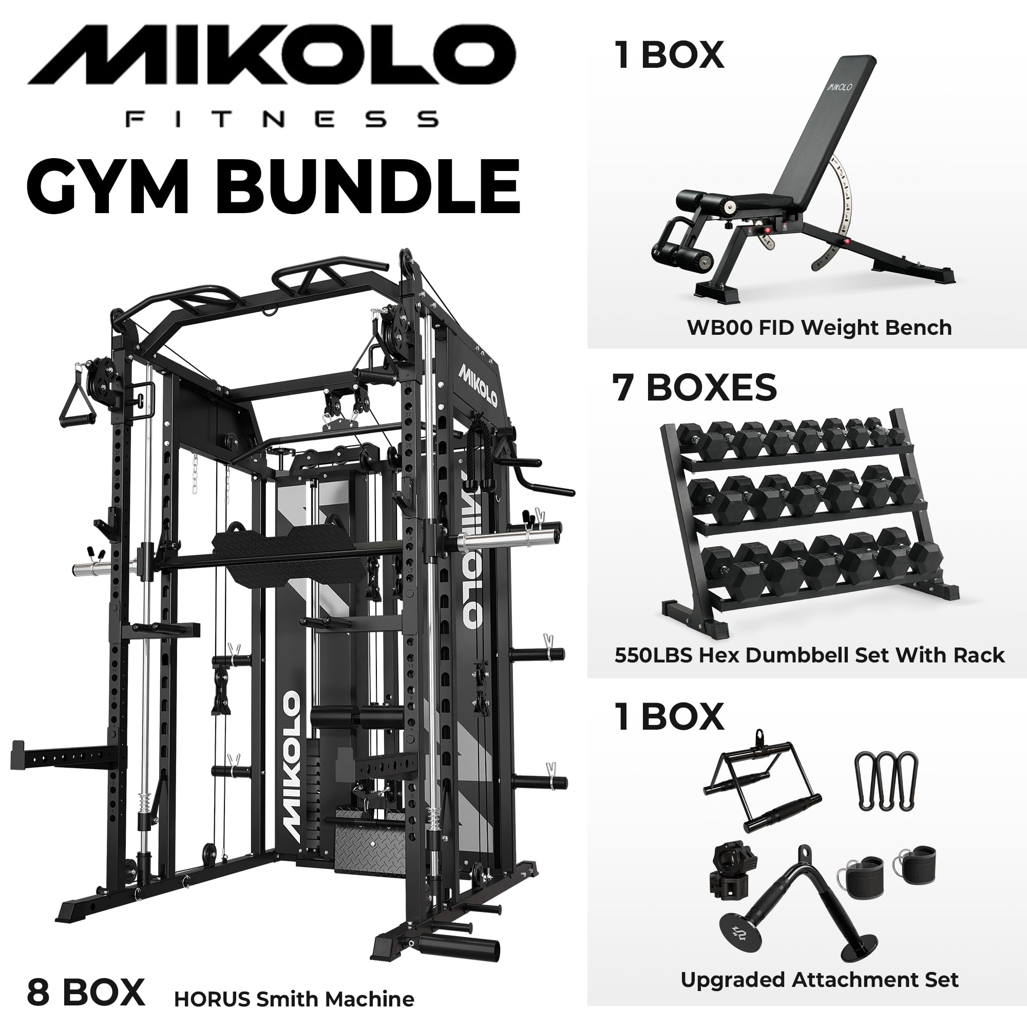 Mikolo Smith Machine with Weight Stack, Power Cage Home Gym System with LAT Pulldown & Cable Crossover, Multi-Functional Trainer with Dual Pulley System, Includes 10+ Free Attachments