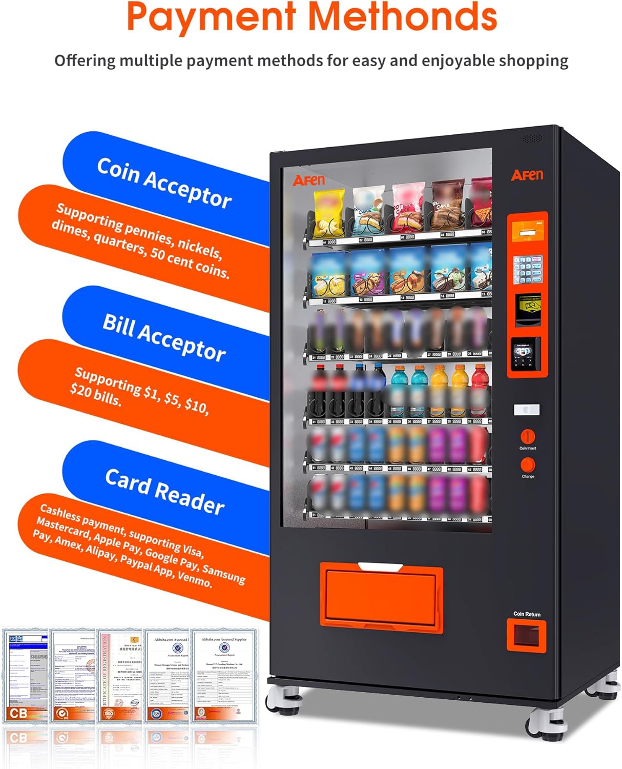 Afen Commercial Vending Machine with Bill & Coin Acceptor and Card Reader, 60 Slot Refrigerated Beverage Snack Combo Vending machine for Business, Durable Cashless Drink Vending in Bulk