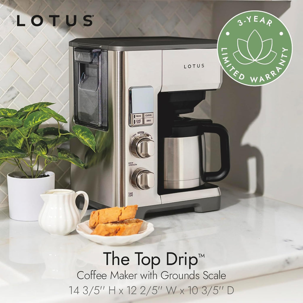 Lotus Coffee Maker with Grounds Scale, Programmable 10-Cup Coffee Maker, The Top Drip, 1500 Watts, Stainless Steel, Professional Series, LTSCM500