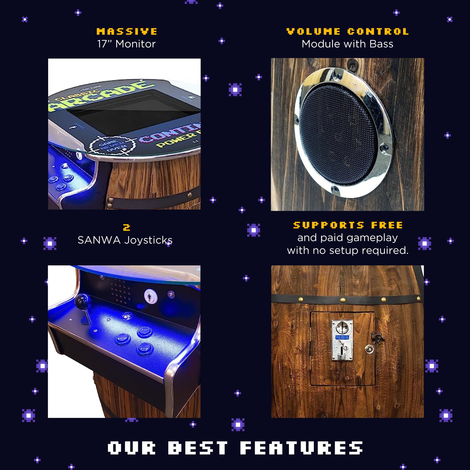Creative Arcades Full-Size Commercial Grade Wine Barrel Style Pub Arcade Machine | Standard/Medium/Large | Classic Games | 2 Sanwa Joysticks | 2 Stools (Large, 60 Game, 19" Screen, Woodgrain)