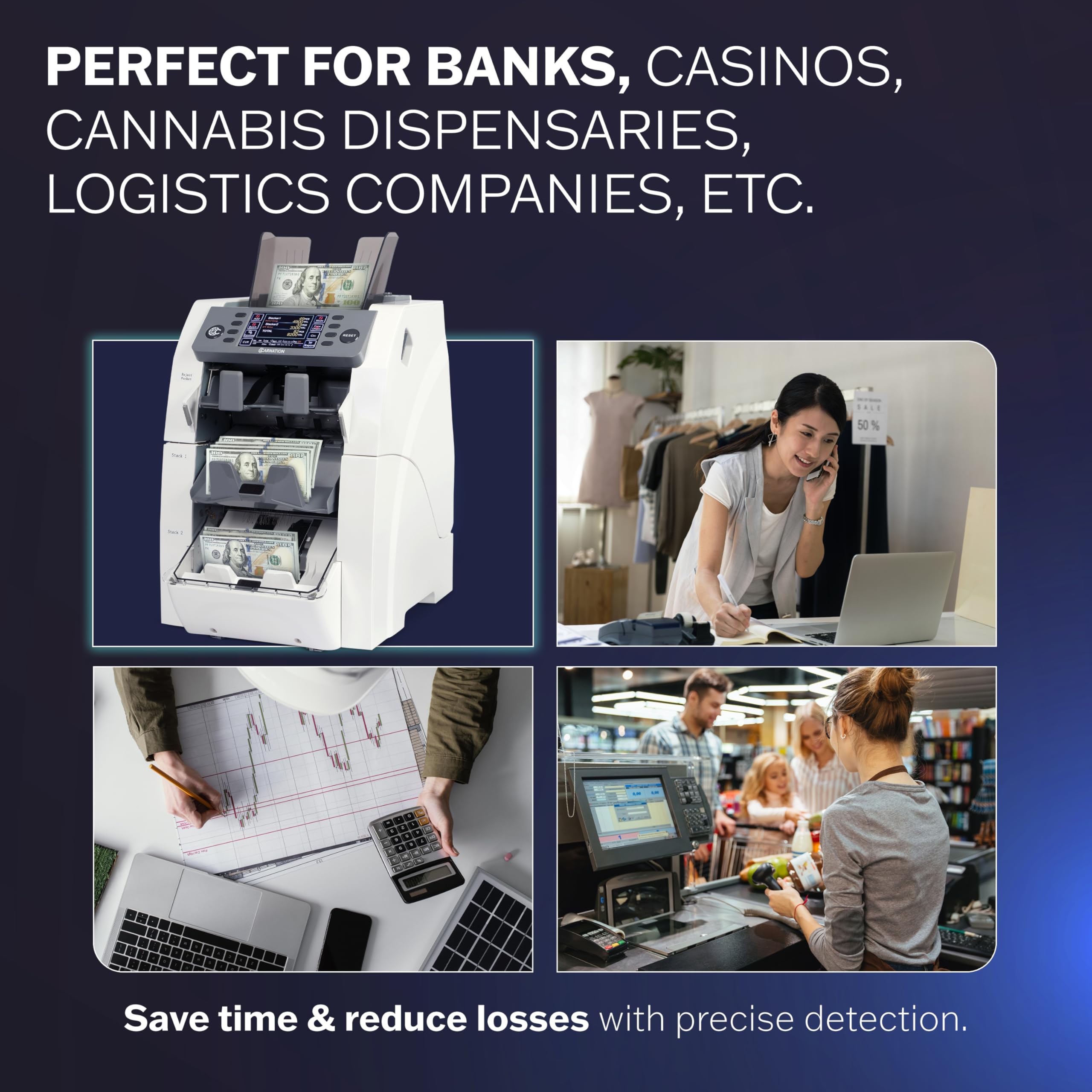 Carnation Money Counter Machine Cash Counting & Mixed Denomination Bill Counter, Portable Currency Detector, Counterfeit Bank Scanner, Dollar Sorter for Commercial, 1100 N/M, UV/MG/MT/IR/2CIS